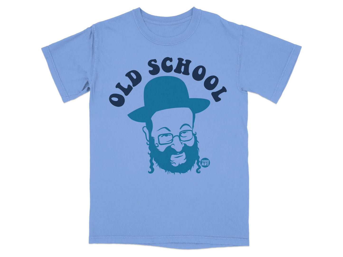 Light blue t-shirt with a dark blue graphic of a bearded man in a hat.