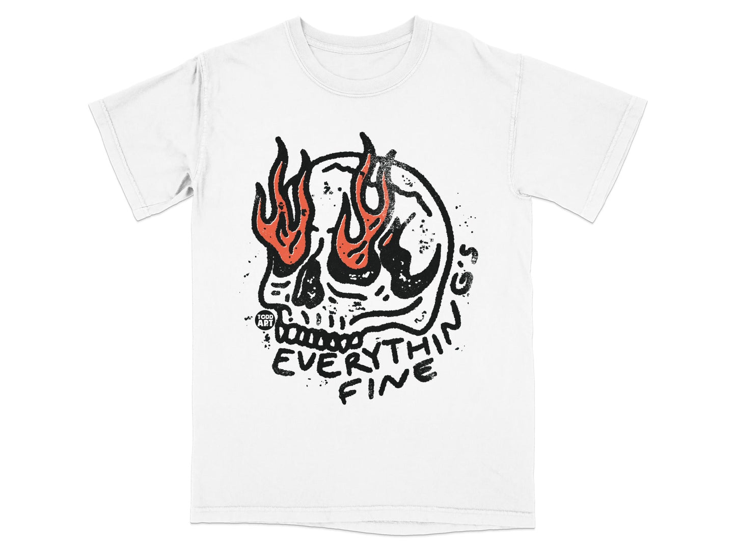 White t-shirt with a flaming skull graphic and "EVERYTHING FINE" text.