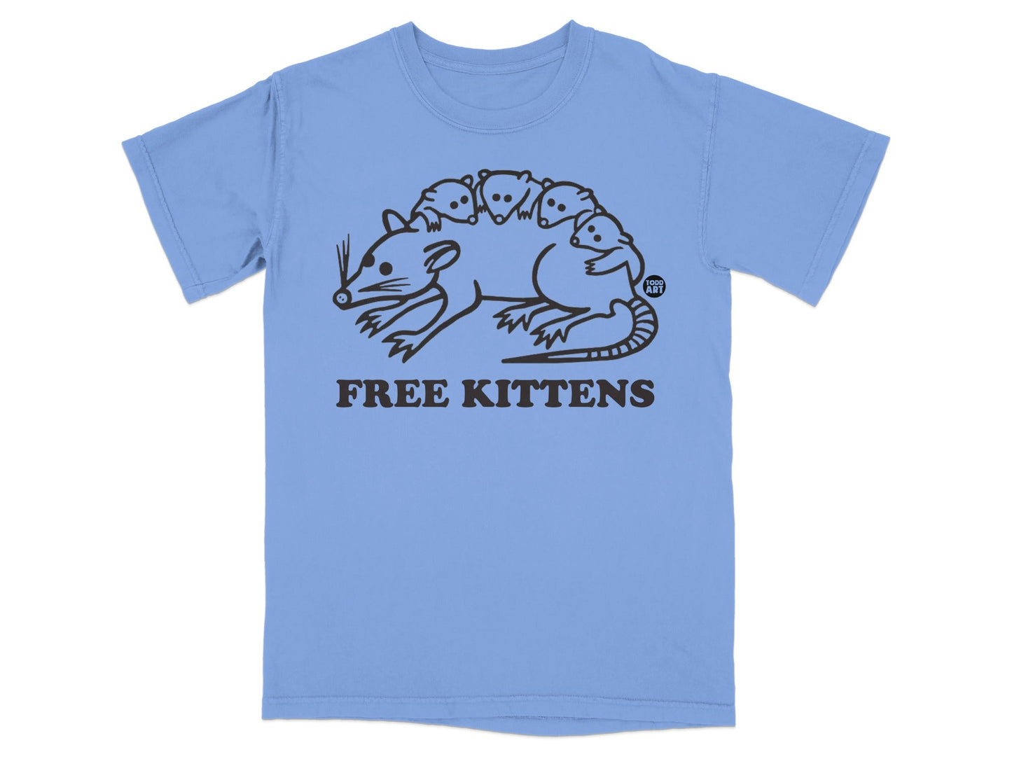 Light blue t-shirt with "FREE KITTENS" and a line drawing of a rat carrying kittens.