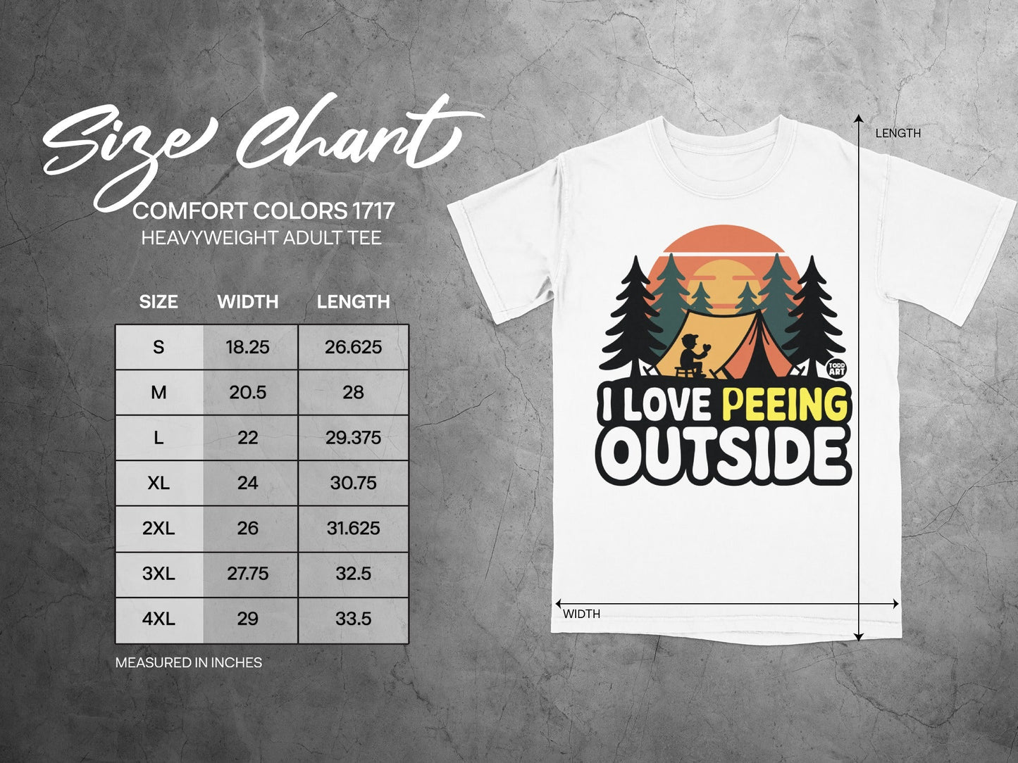 Size chart for Comfort Colors 1717 heavyweight adult tee.