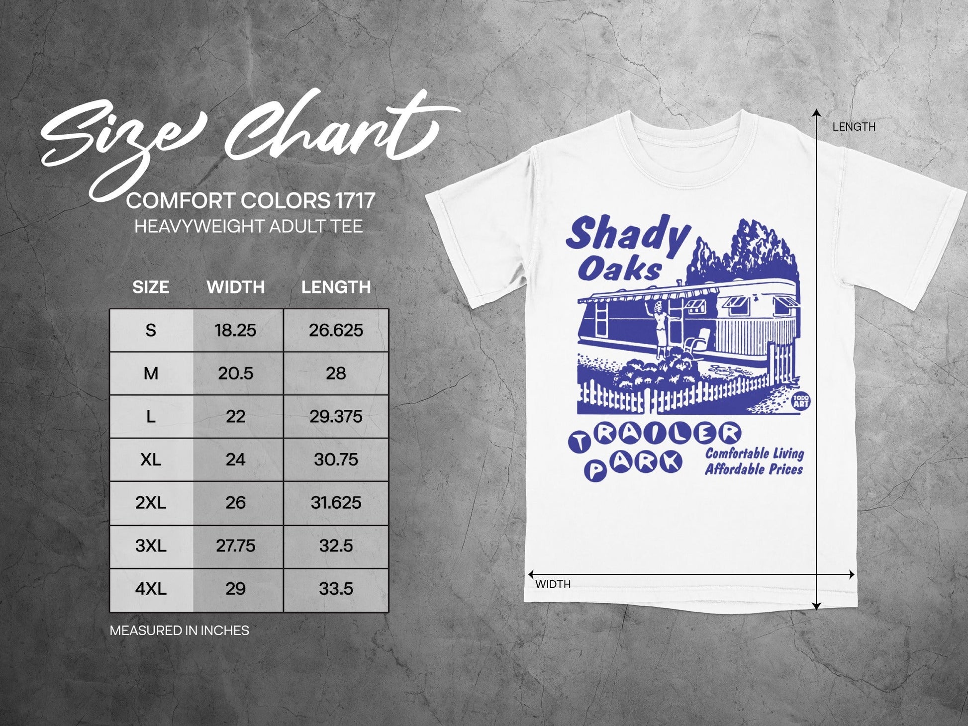 Size chart for Comfort Colors 1717 heavyweight adult tee, showing S-4XL measurements.
