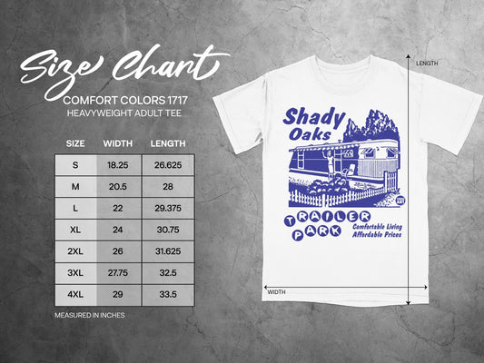 Size chart for Comfort Colors 1717 heavyweight adult tee, showing S-4XL measurements.