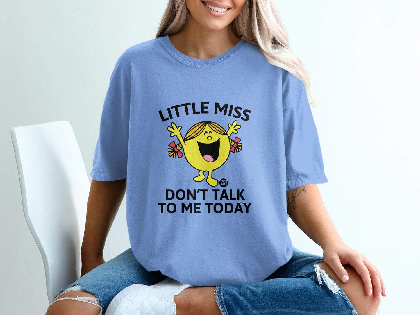 Light blue t-shirt with "LITTLE MISS DON'T TALK TO ME TODAY" and cartoon character.