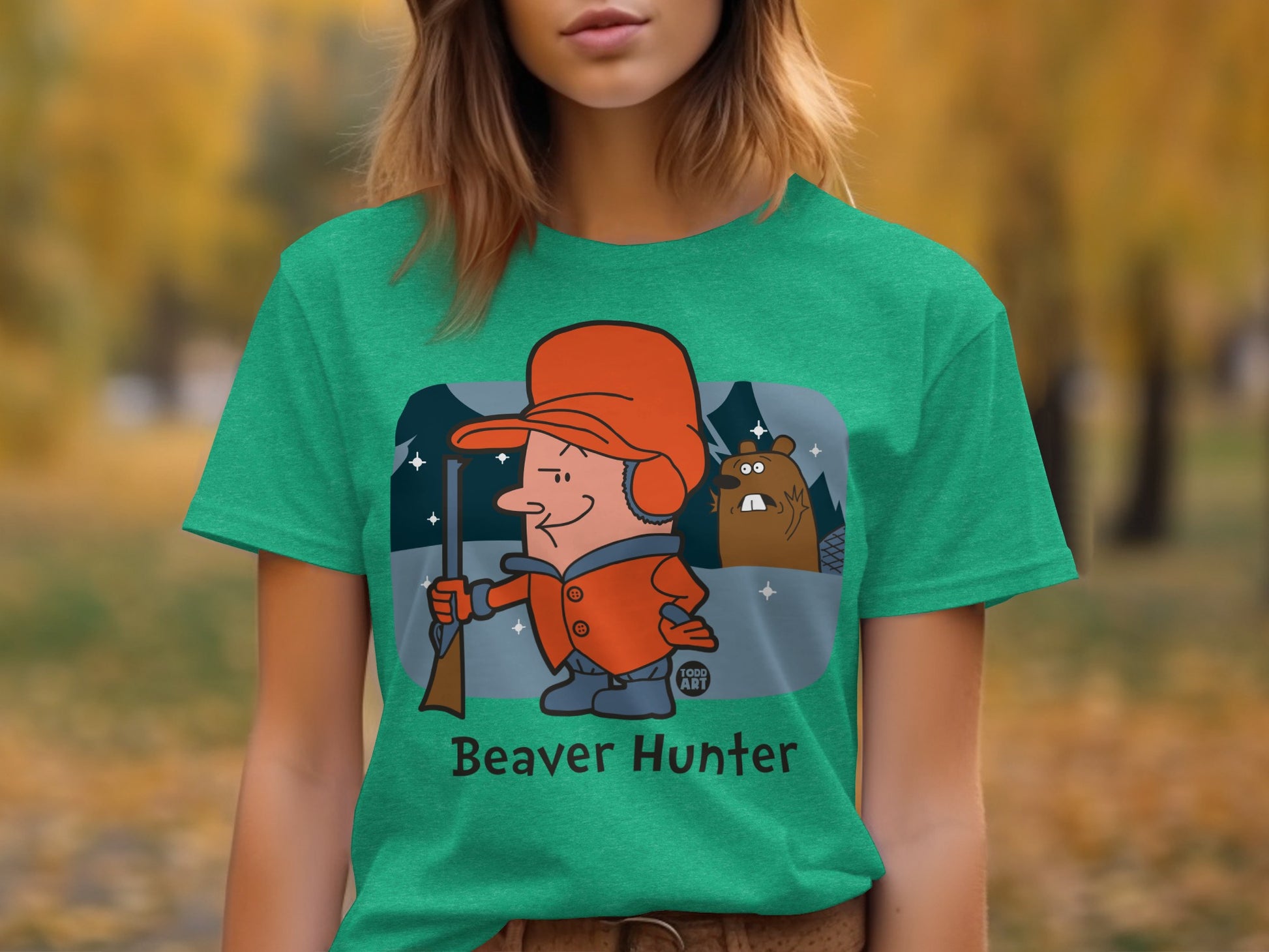 Funny Cartoon Beaver Hunter T-Shirt for Outdoor Fans