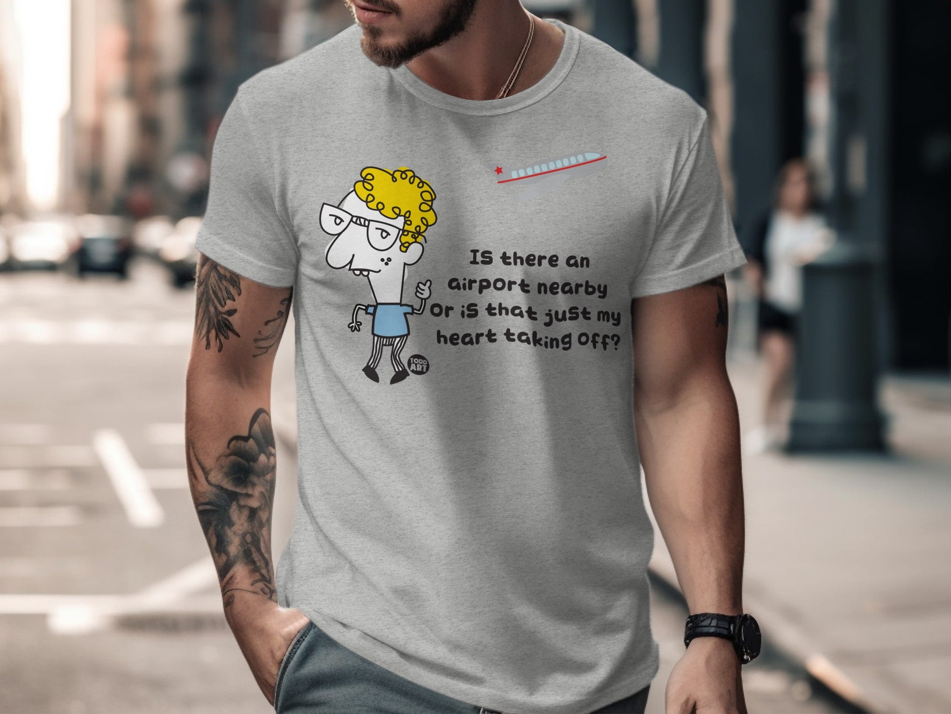 Funny Graphic Tee with Unique Airport Taking Off Design