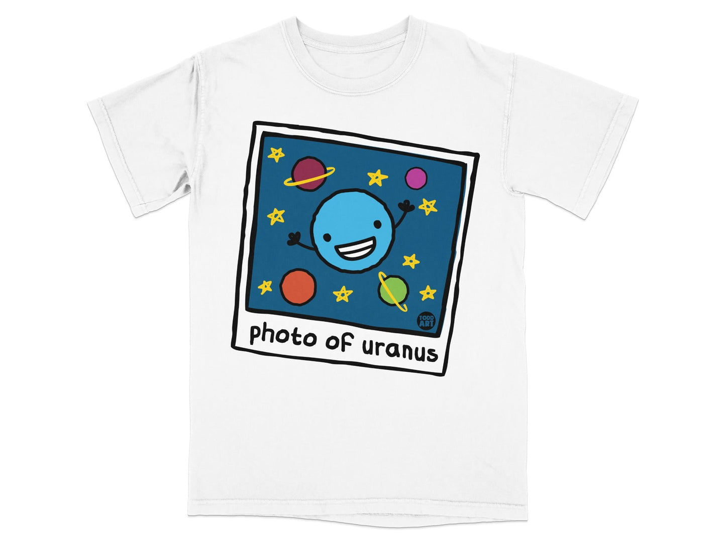 T-shirt graphic featuring a smiling blue planet with stars and planets, text "photo of uranus".