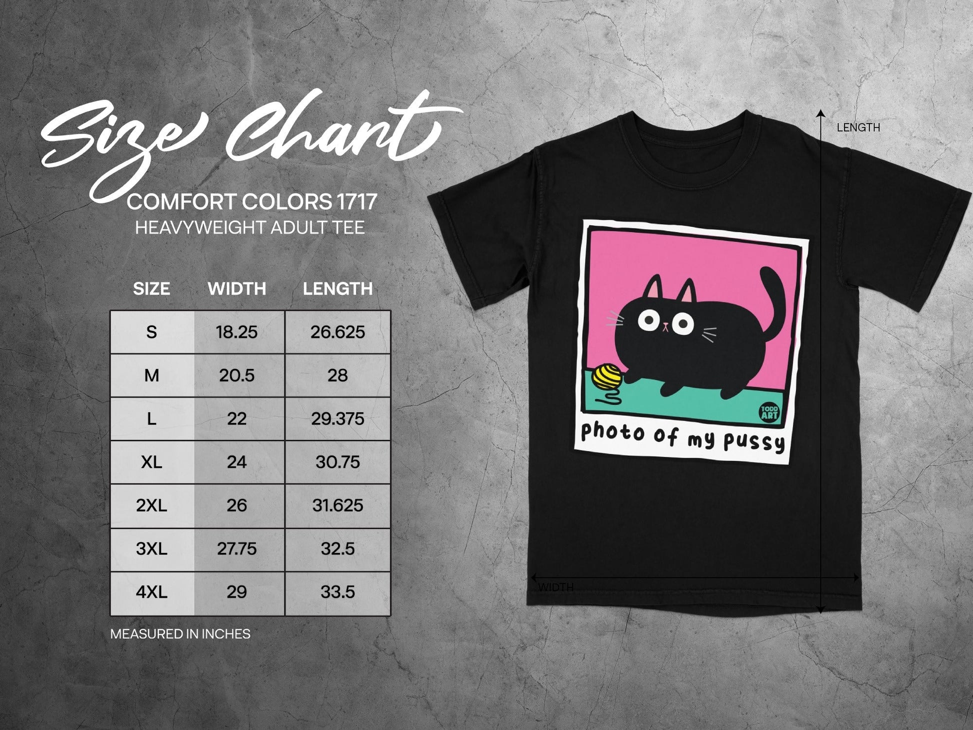 Comfort Colors 1717 size chart for heavyweight adult tees with t-shirt graphic.
