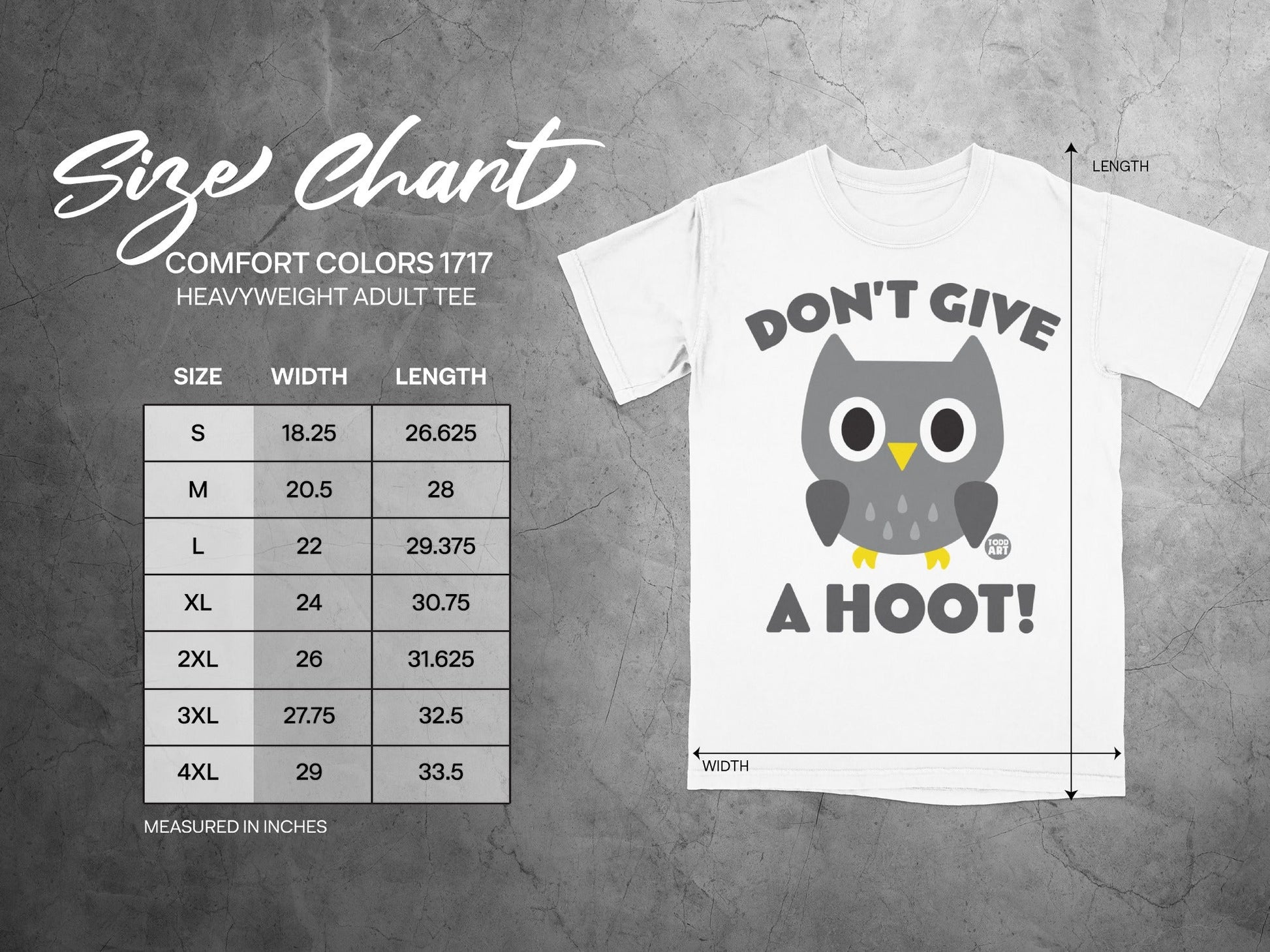 Size chart for Comfort Colors 1717 heavyweight adult tee with owl graphic.