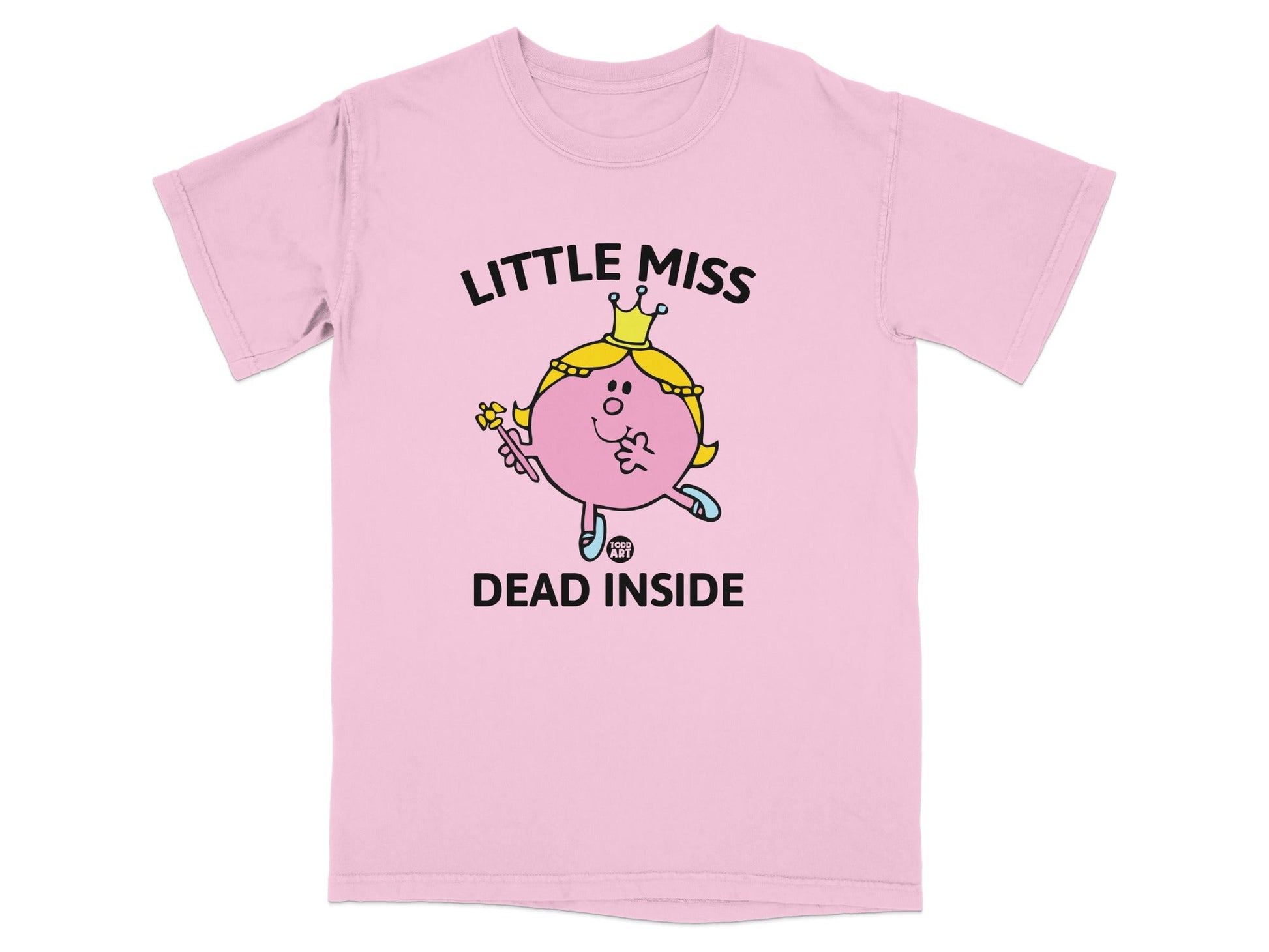 Pink t-shirt with "Little Miss Dead Inside" text and a cartoon character.