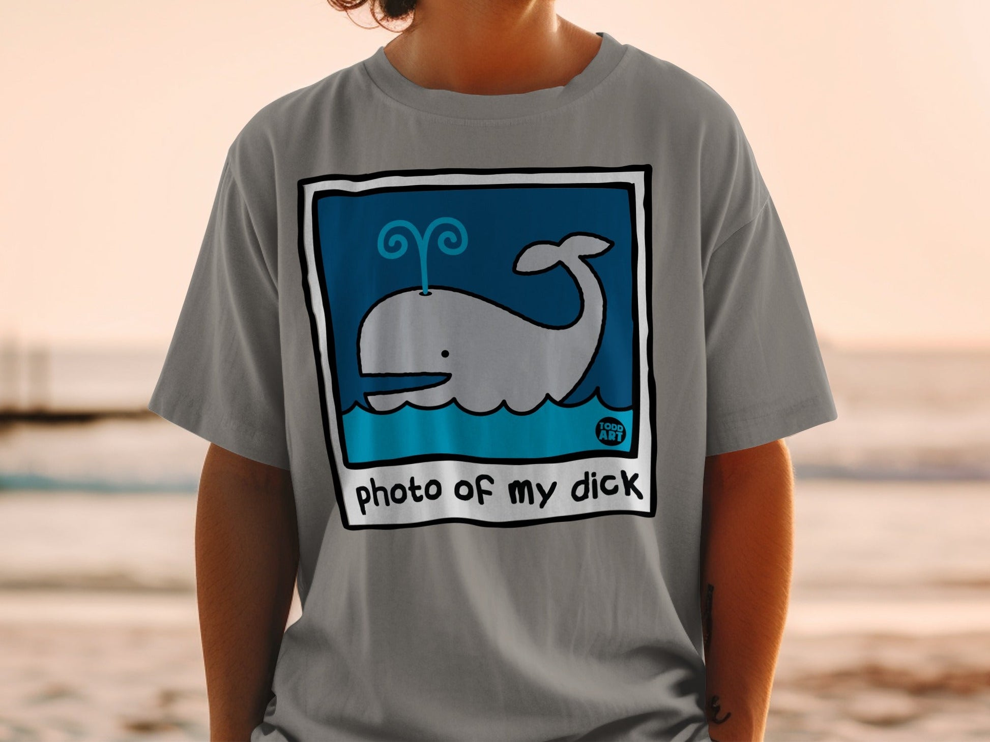 Gray t-shirt with blue whale design and text "photo of my dick".