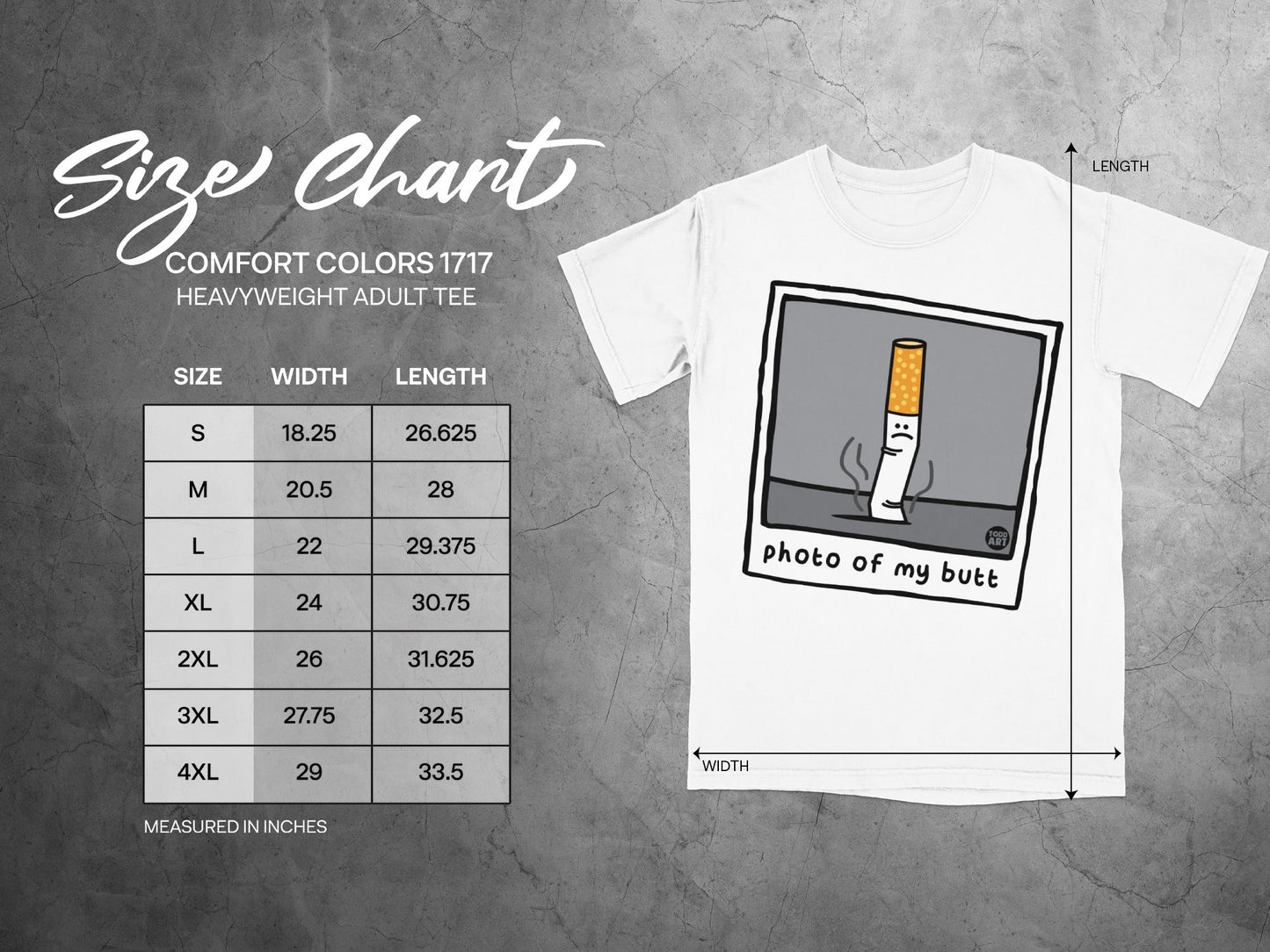 Comfort Colors 1717 size chart with cartoon cigarette image.