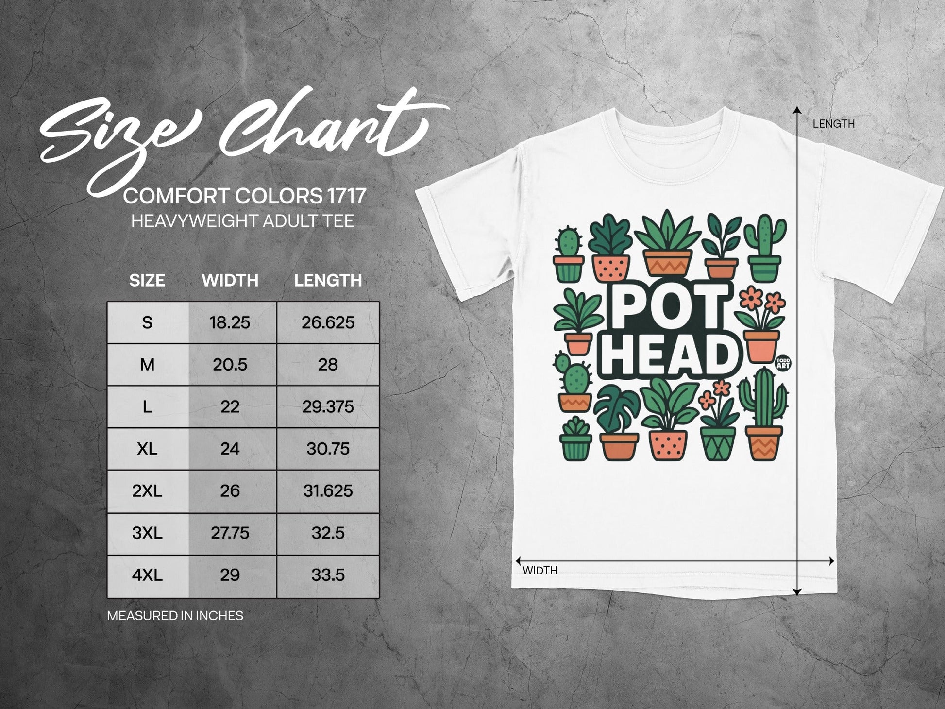 Size chart for Comfort Colors 1717 heavyweight adult tee with pot head graphic.