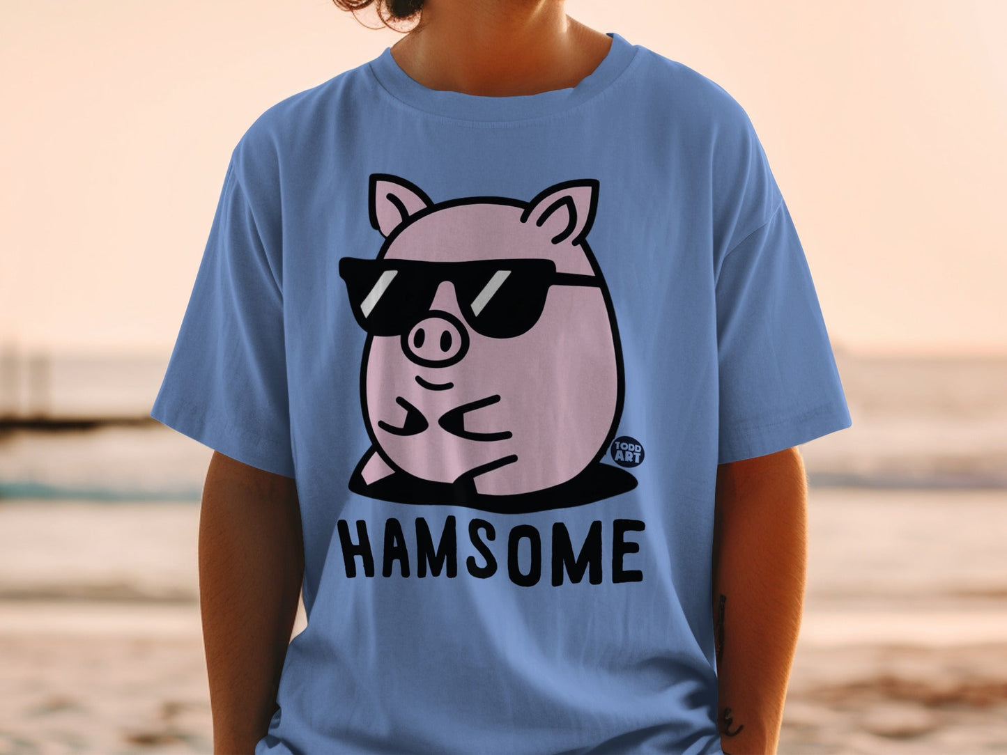 Pink pig wearing sunglasses with "HAMSOME" text on blue t-shirt.