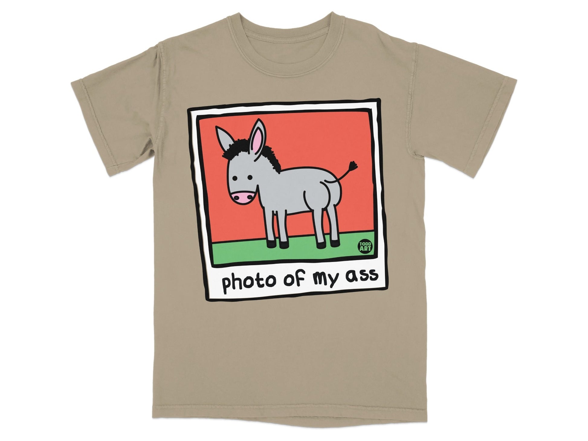 T-shirt with cartoon donkey and text "photo of my ass".