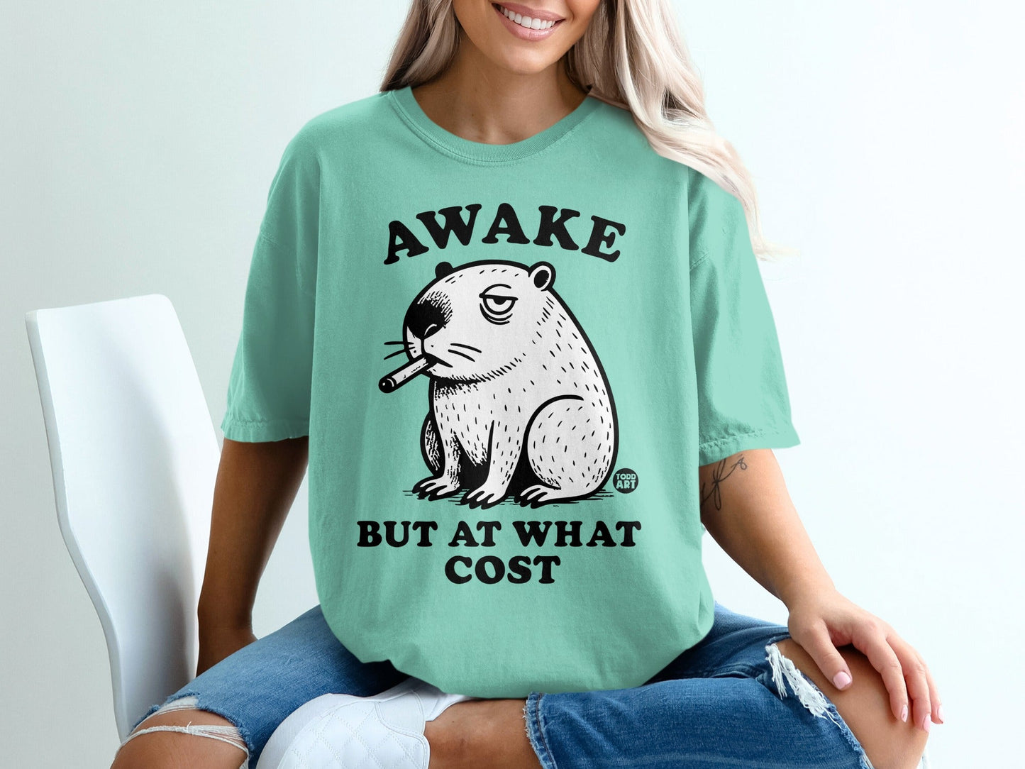 Awake But At What Cost Funny Graphic T-Shirt