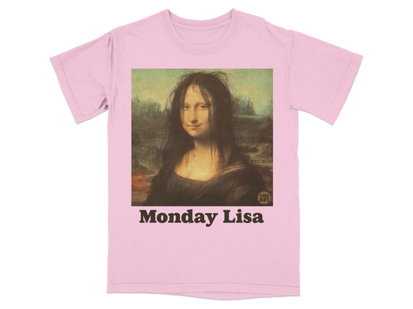 Pink t-shirt with "Monday Lisa" text and Mona Lisa painting.