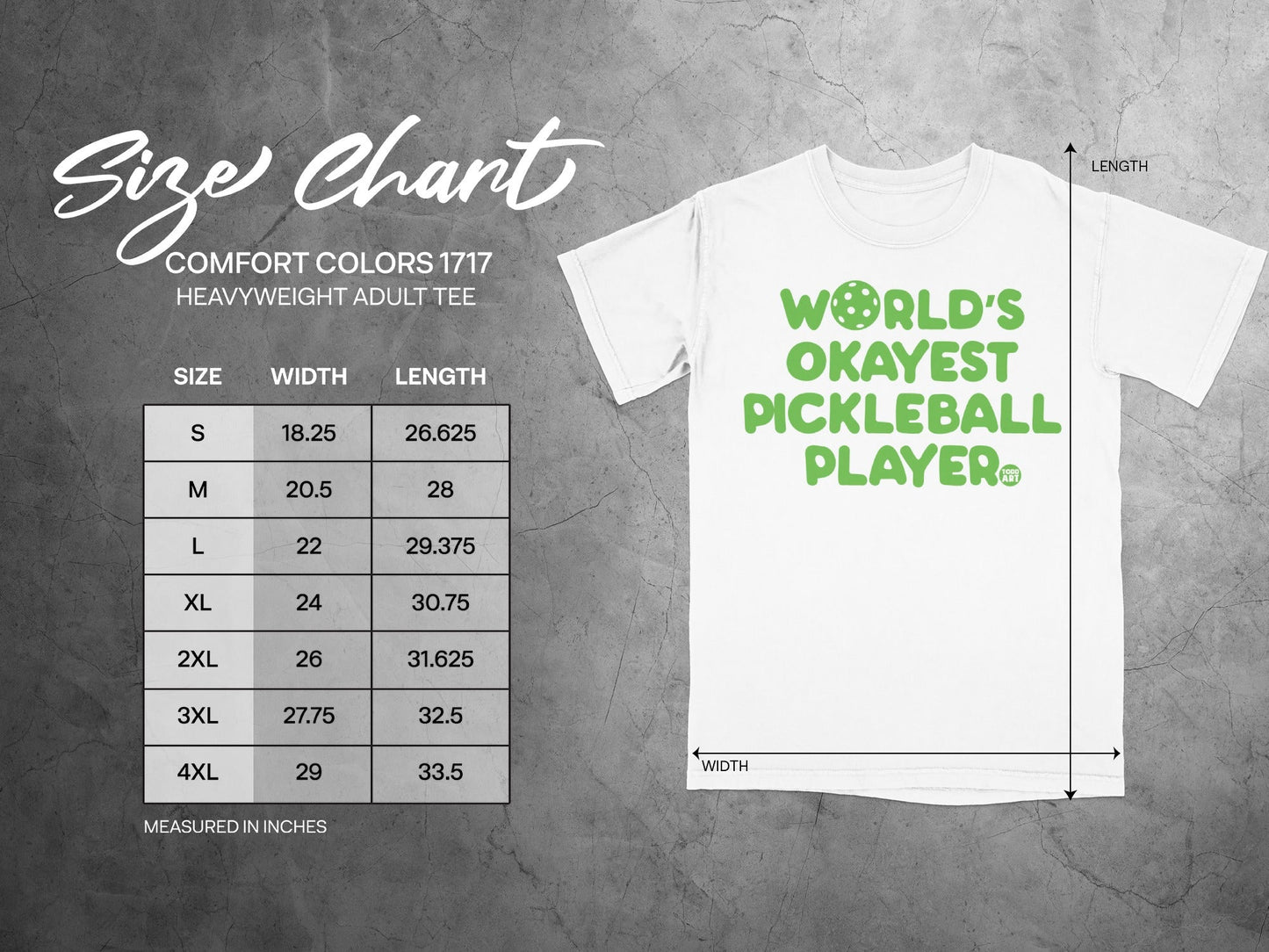 Comfort Colors 1717 size chart for heavyweight adult tees.