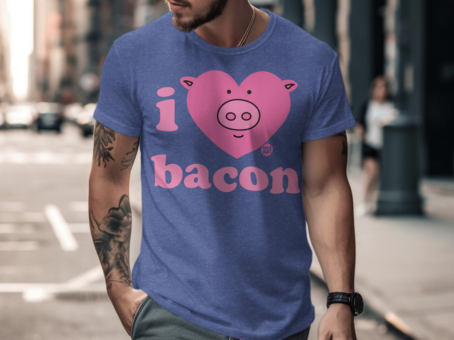 I Love Bacon Cute Pig Design on Blue T-shirt Product