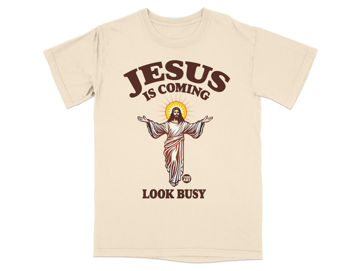 Beige t-shirt with "Jesus Is Coming Look Busy" graphic and Jesus illustration.