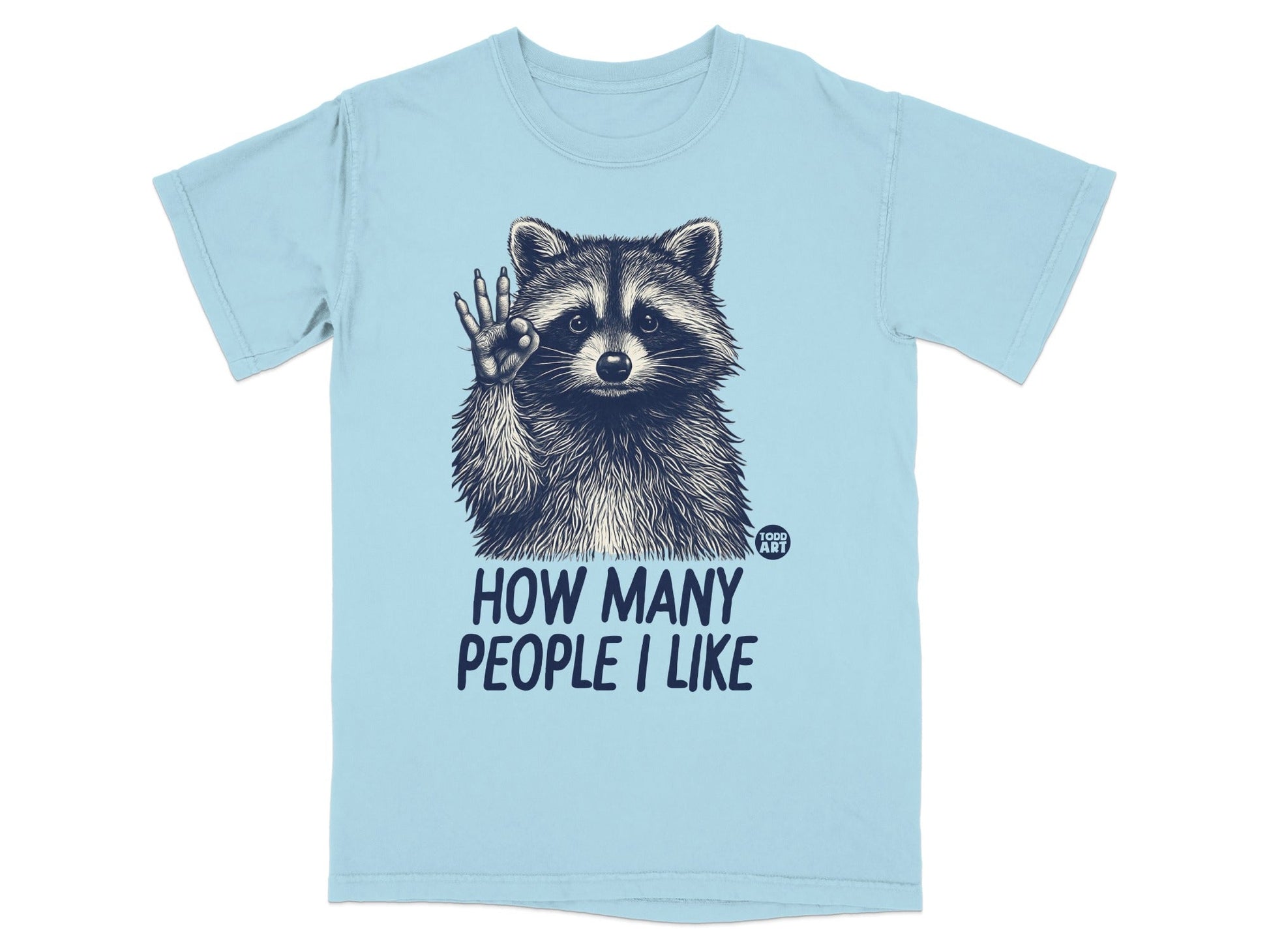 Light blue t-shirt with a raccoon graphic and text "HOW MANY PEOPLE I LIKE".