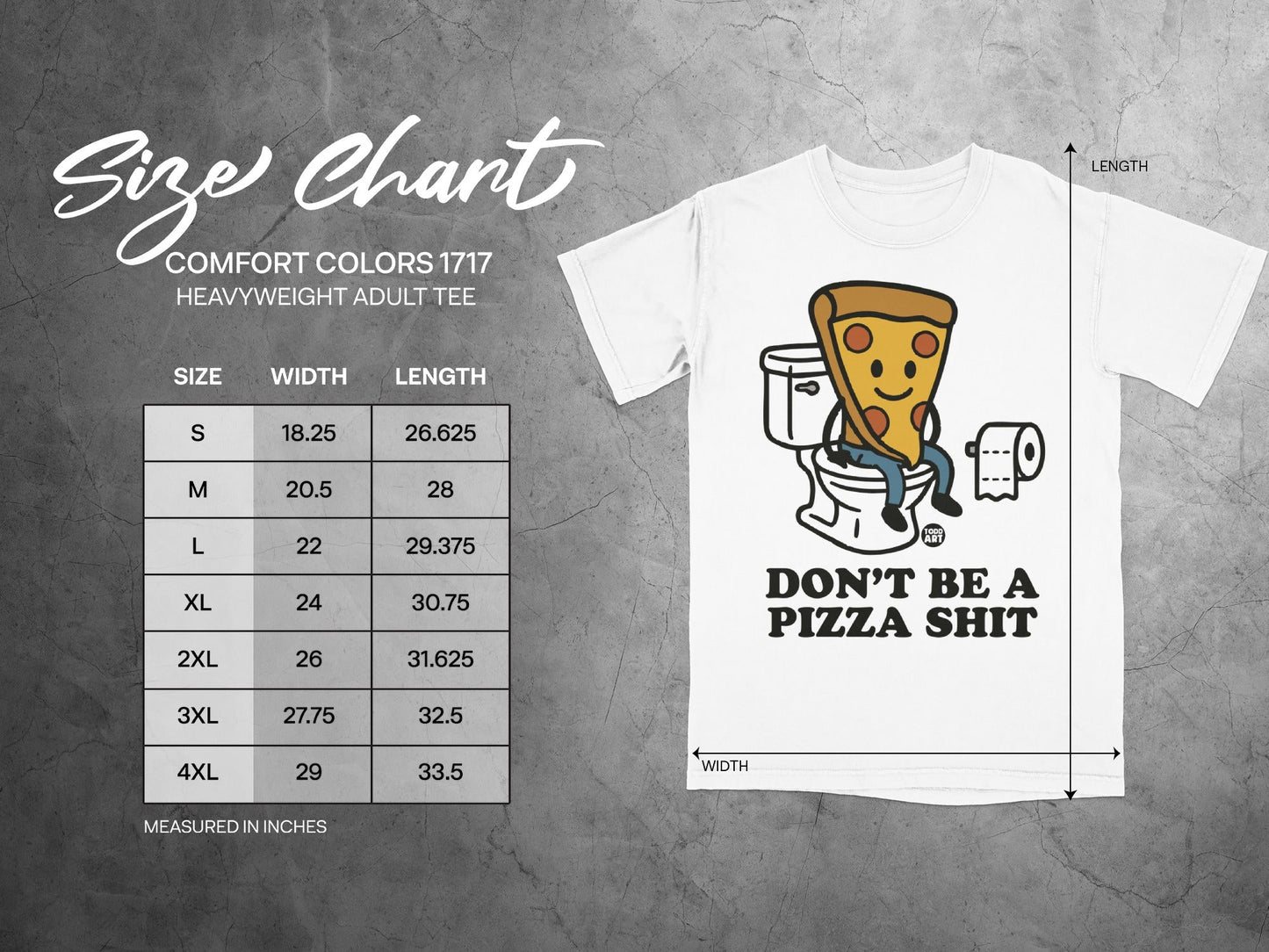 Comfort Colors 1717 size chart for heavyweight adult tees.