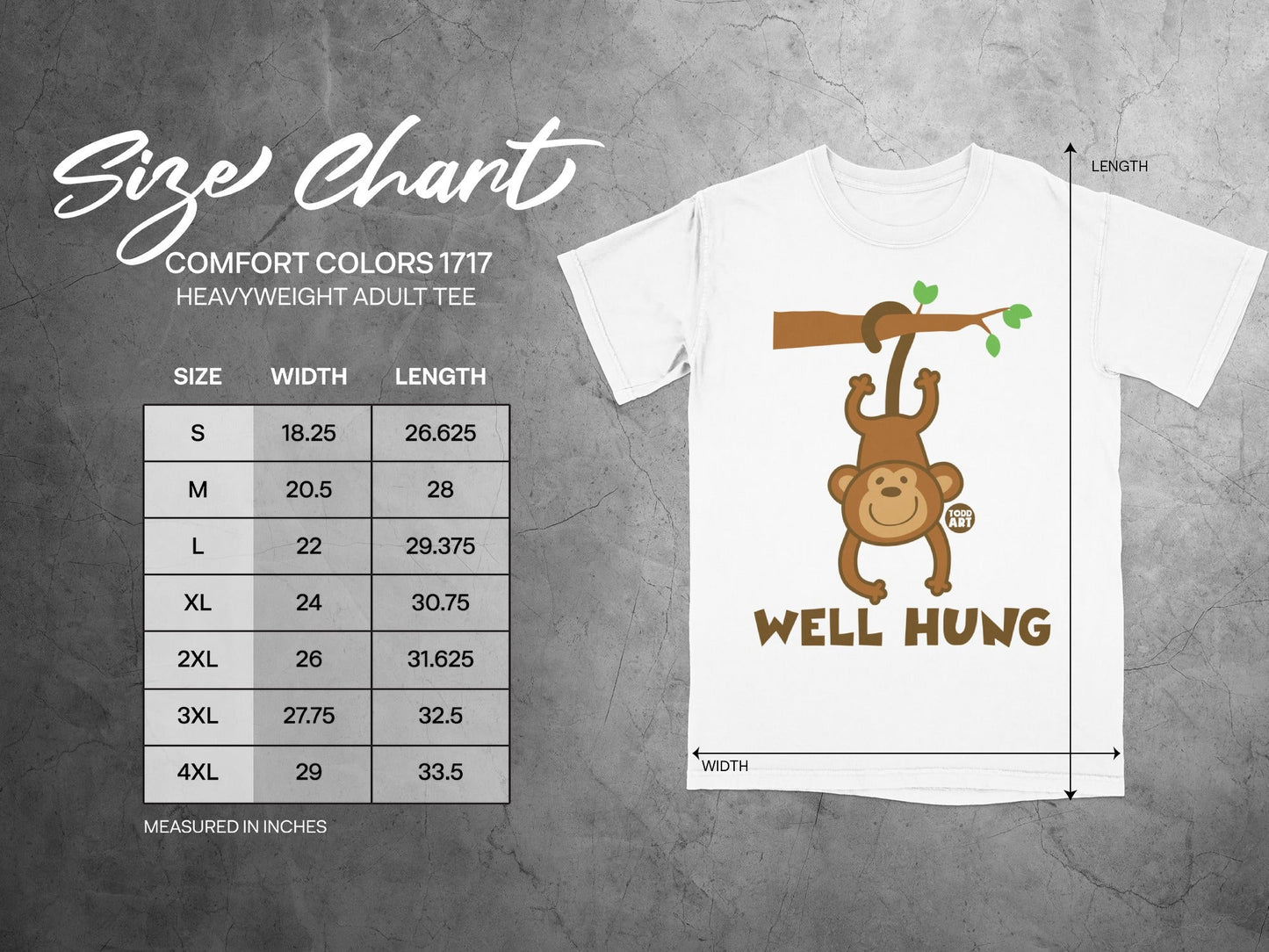Comfort Colors 1717 heavyweight adult tee size chart with measurements.