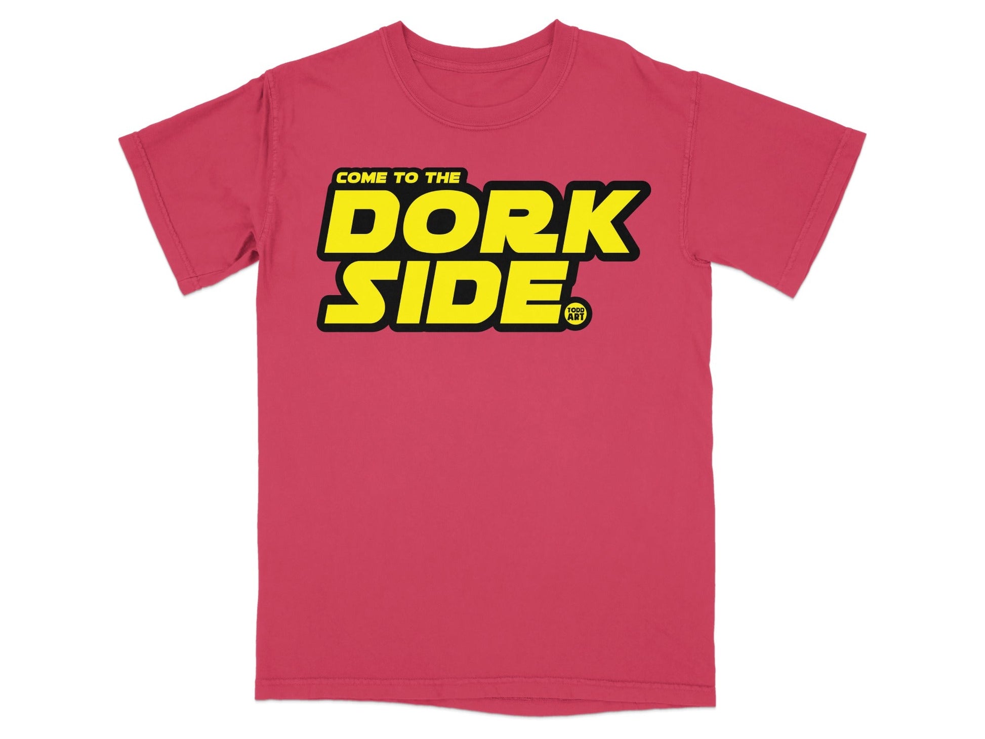 Red t-shirt with "Come to the Dork Side" text in yellow and black.