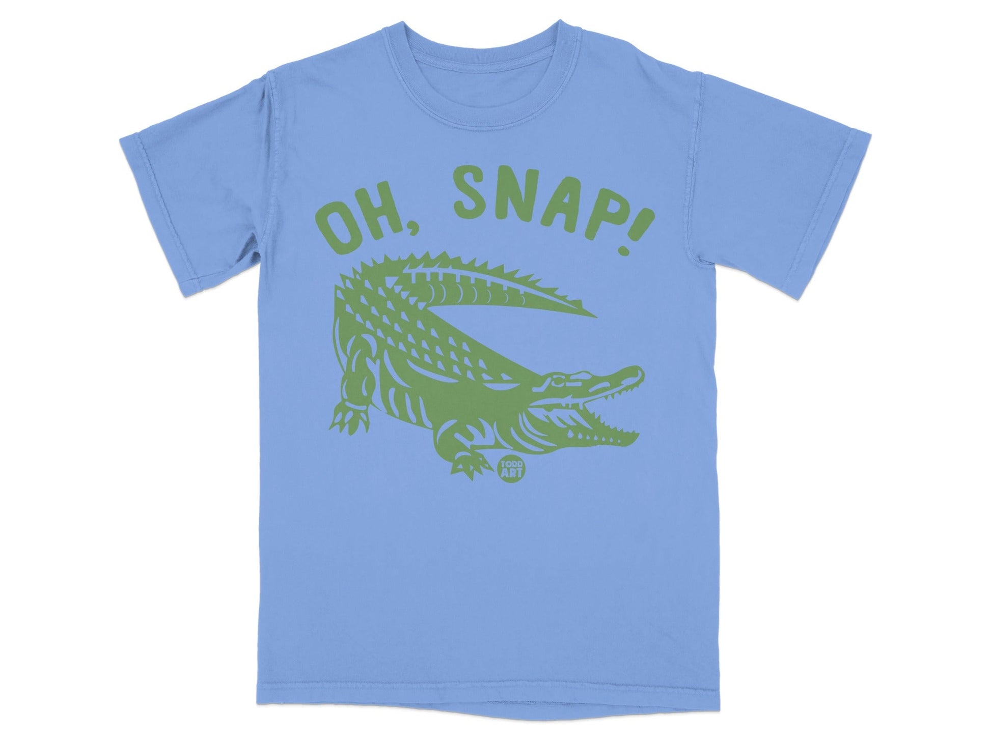 Light blue t-shirt with green alligator graphic and "OH, SNAP!" text.