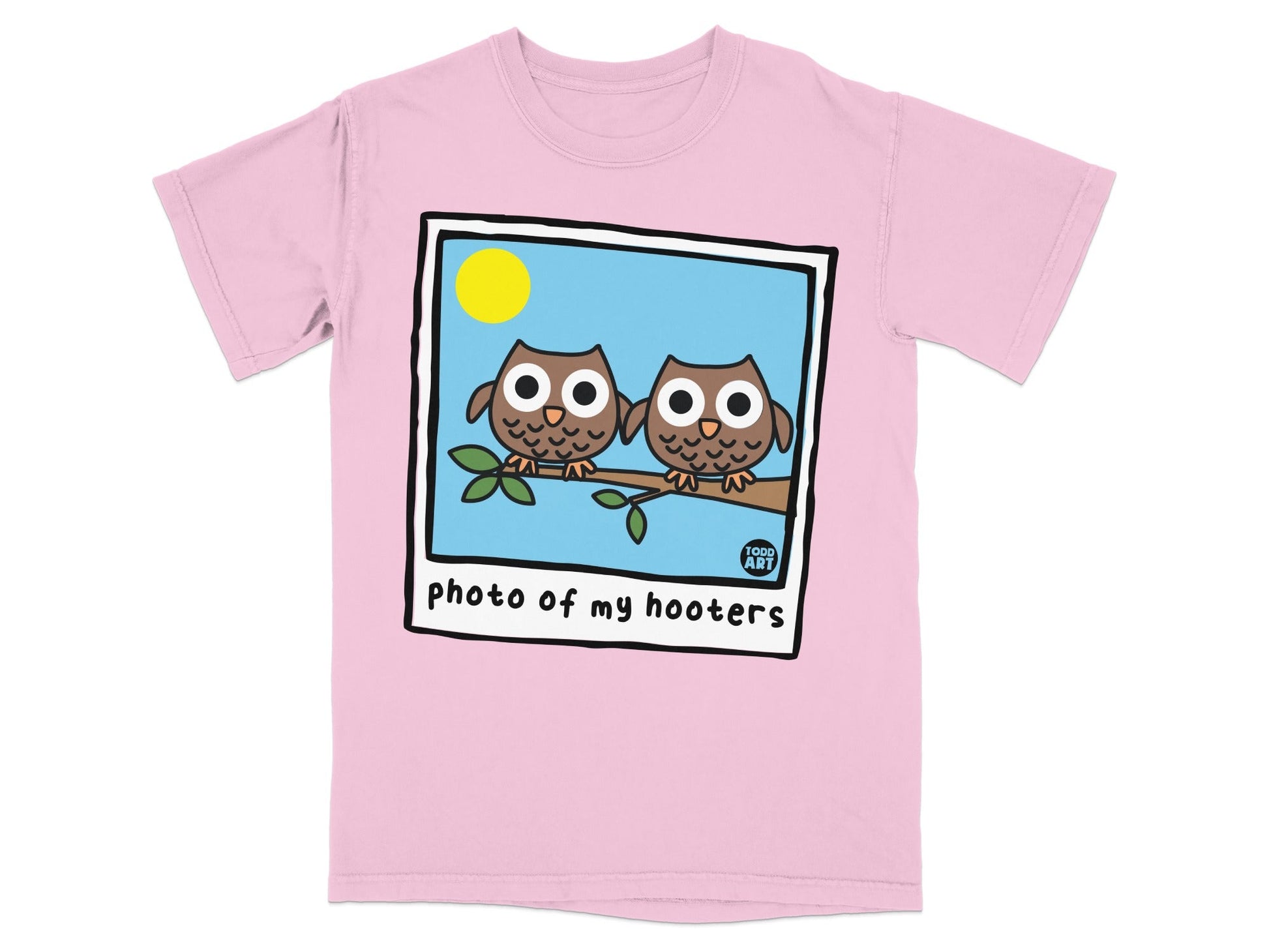 Two cartoon owls sit on a branch with the text "photo of my hooters".