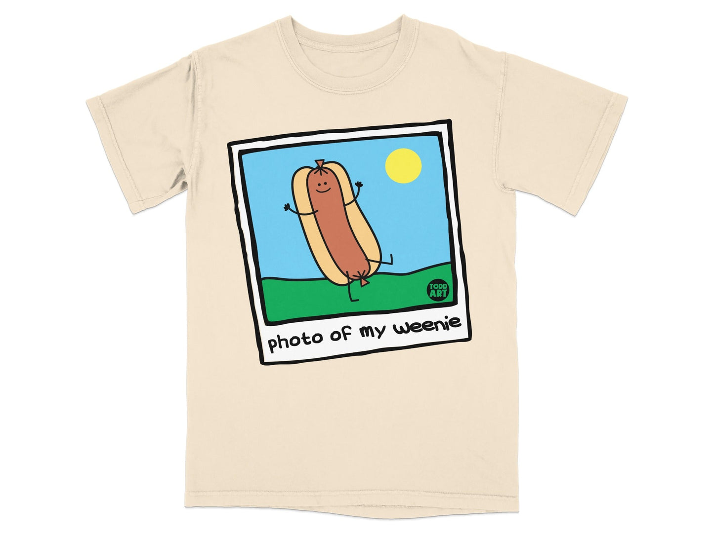 T-shirt with a cartoon hot dog, "photo of my weenie" text, and sun.
