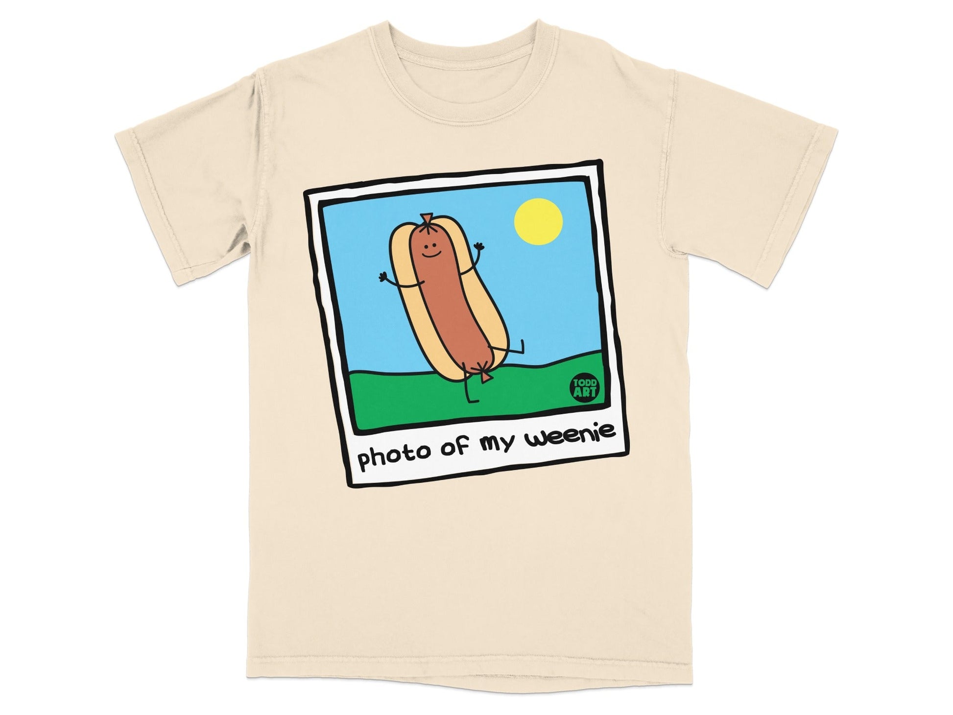 T-shirt with a cartoon hot dog, "photo of my weenie" text, and sun.