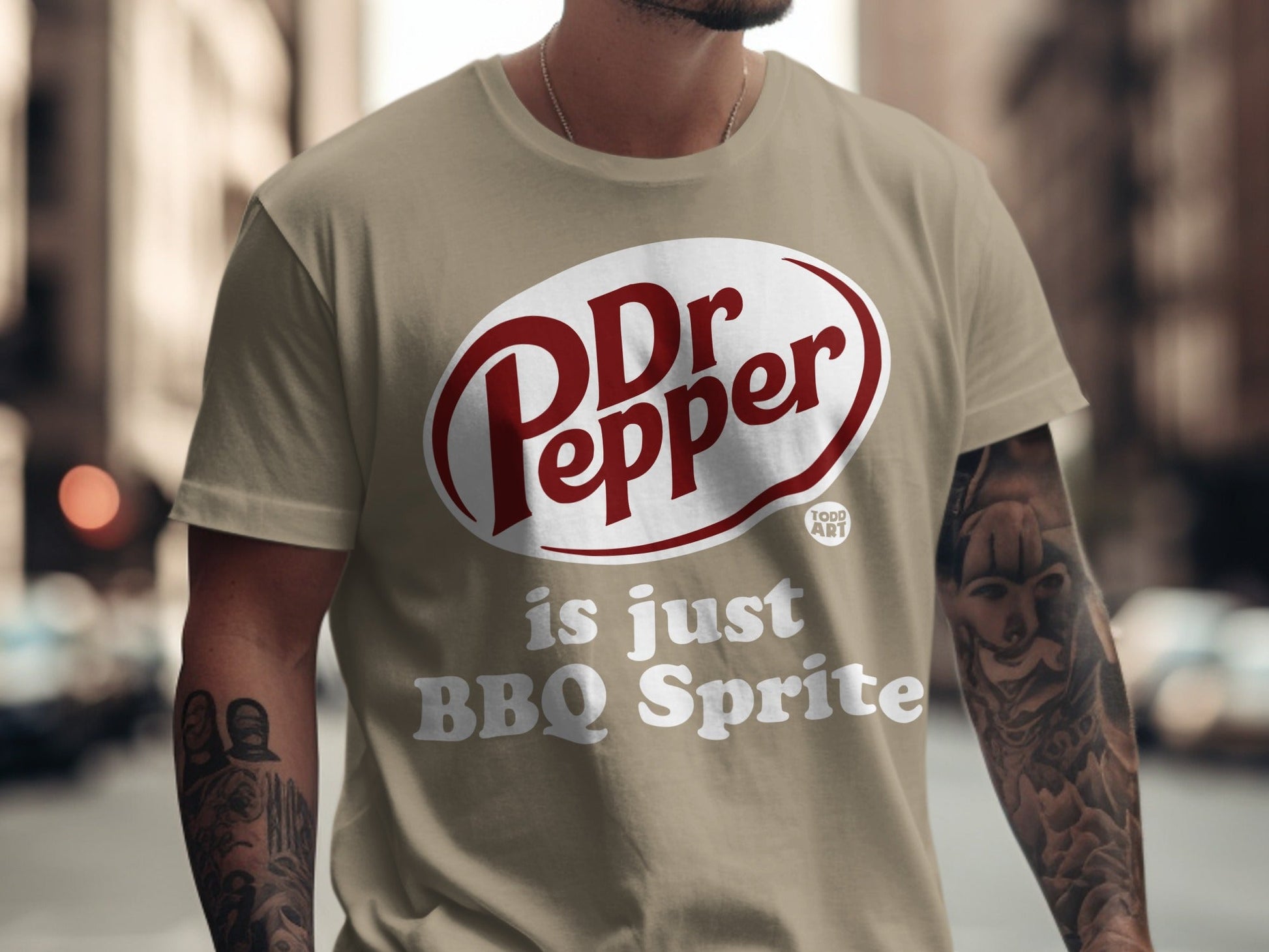 Tan t-shirt with Dr Pepper BBQ Sprite text and logo.