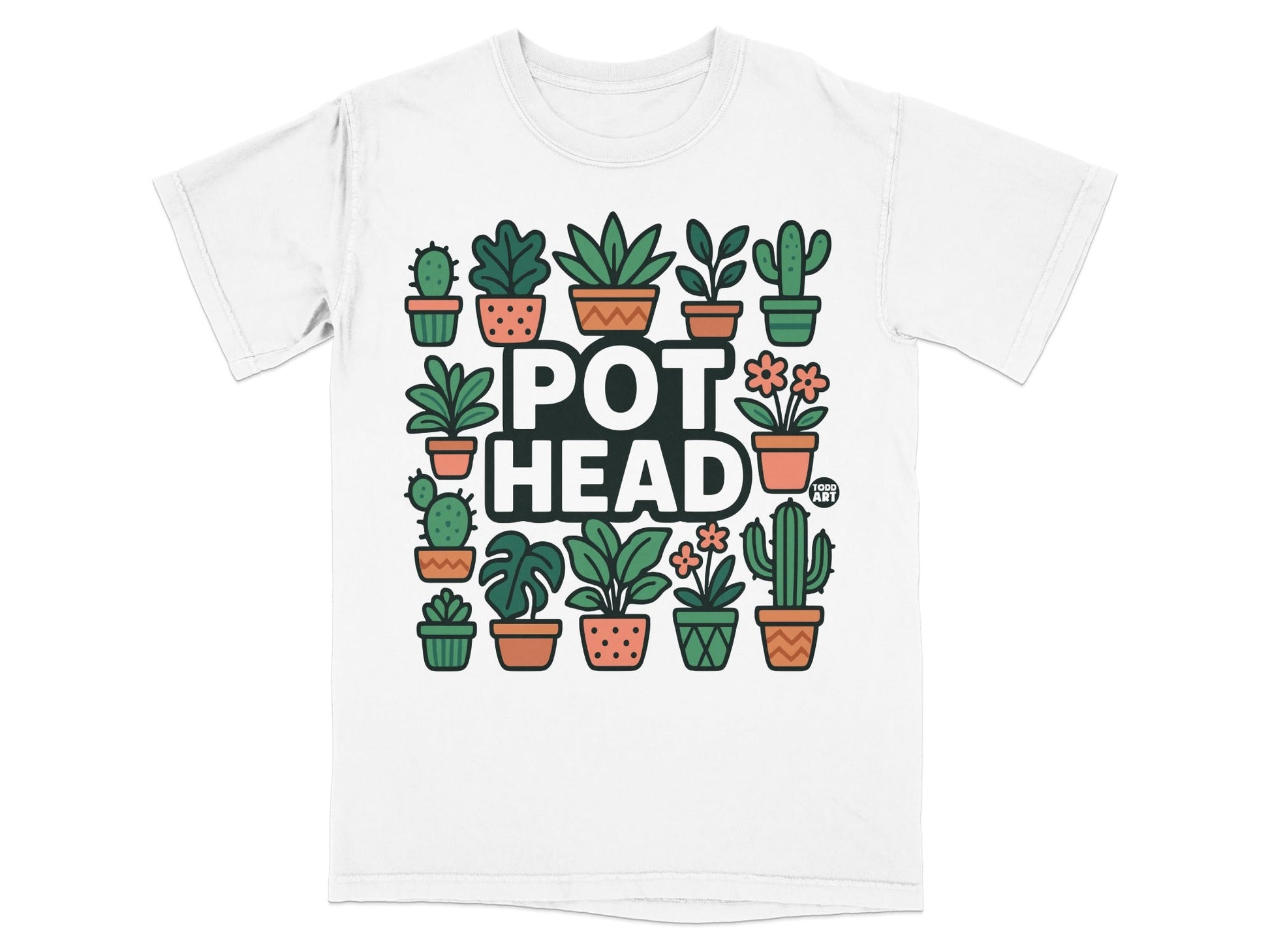 T-shirt with "POT HEAD" text surrounded by potted plants.