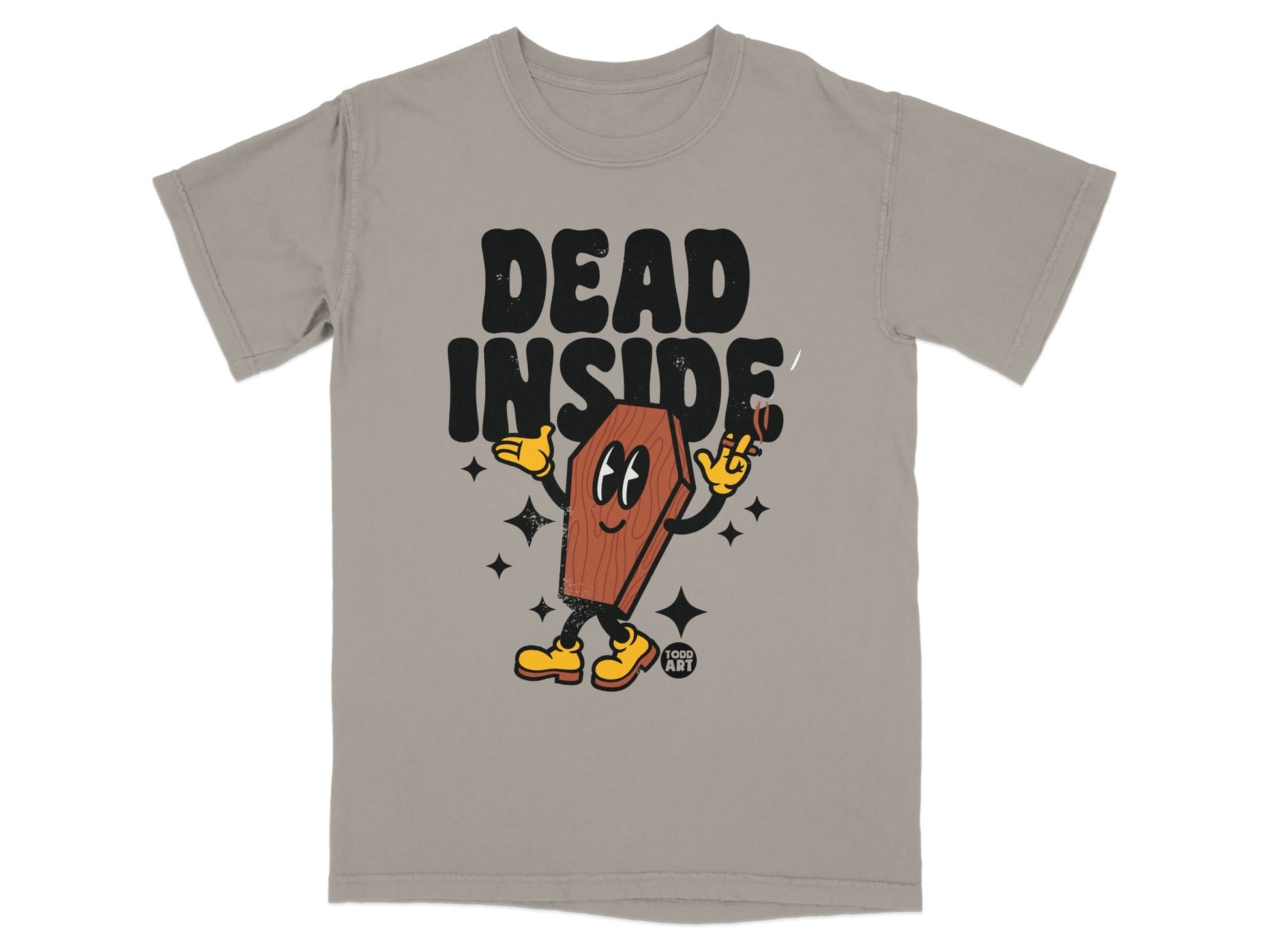 T-shirt with "DEAD INSIDE" text and cartoon coffin character smoking.