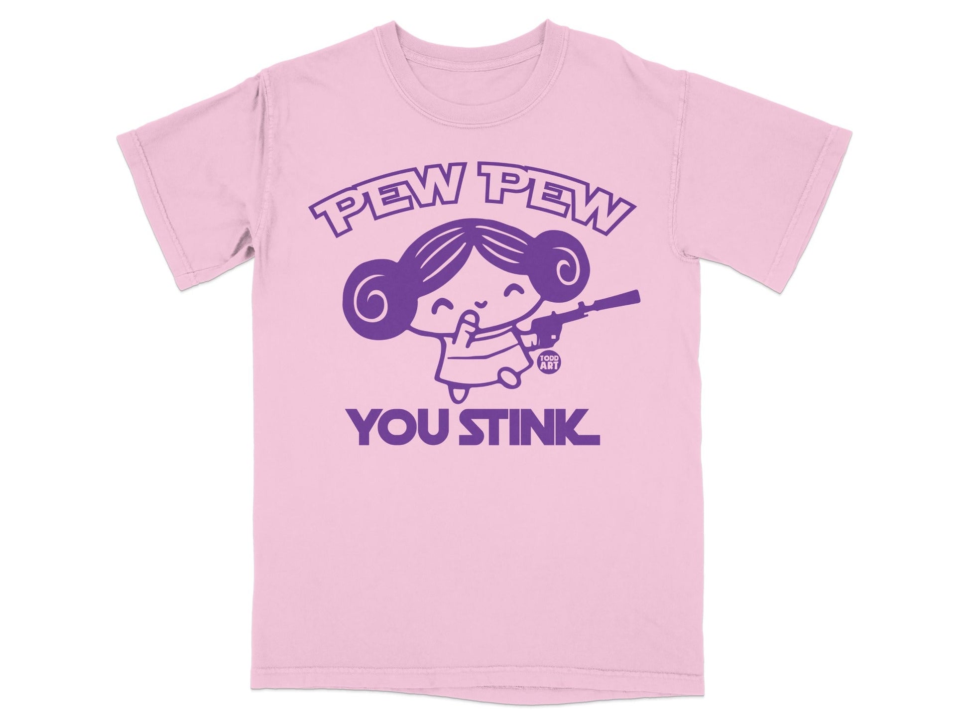 Pink t-shirt with "PEW PEW YOU STINK" and a cartoon character holding a gun.