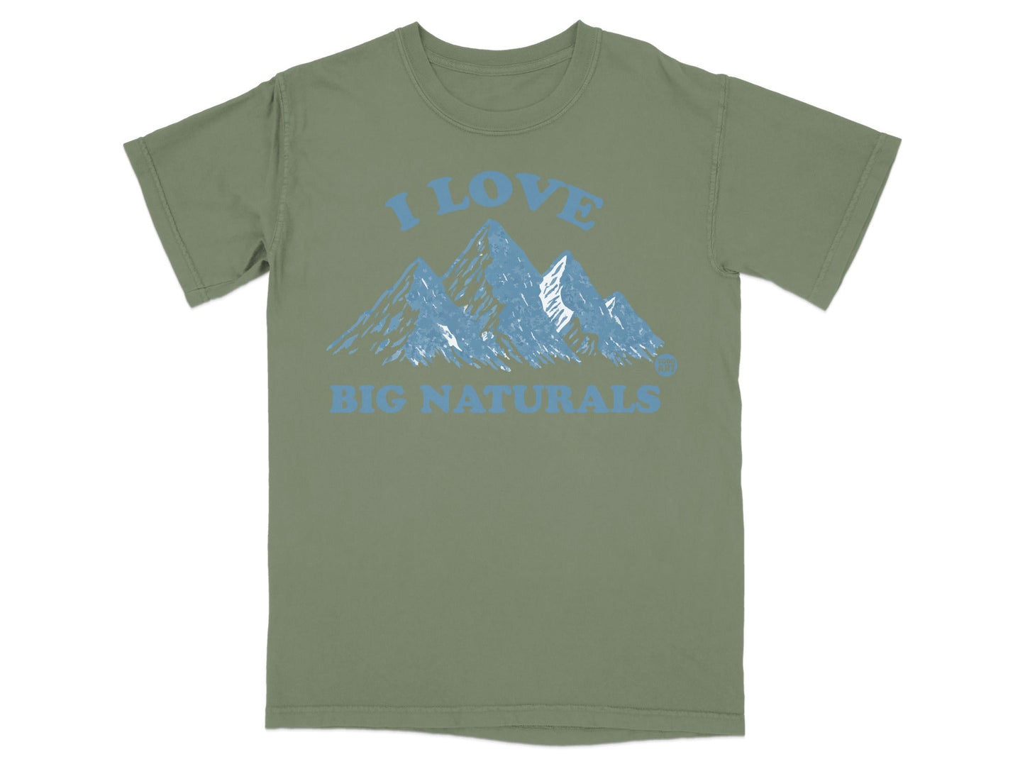 Olive t-shirt with "I LOVE BIG NATURALS" text and mountain graphic.