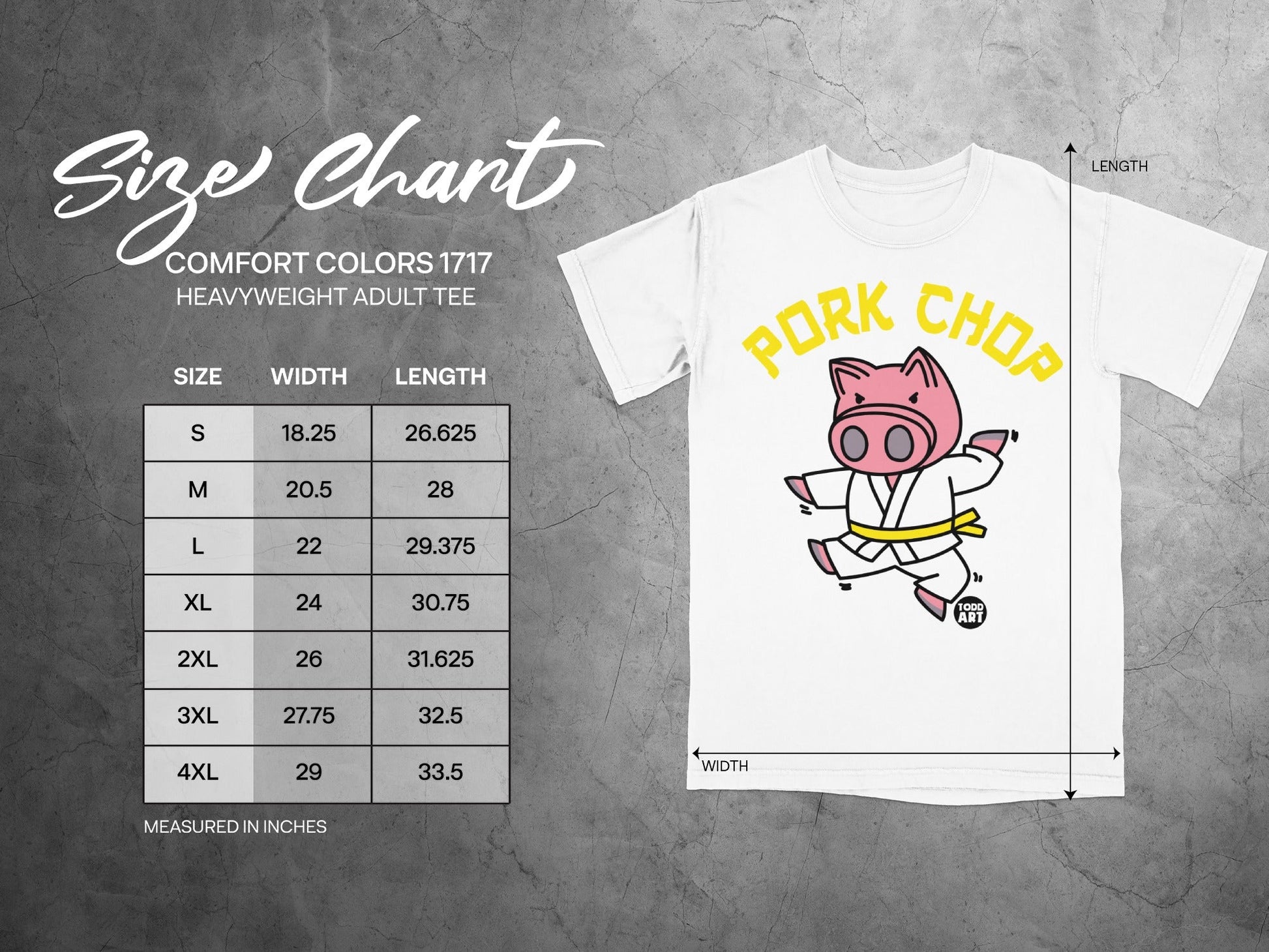 Pork Chop graphic on a Comfort Colors size chart for heavyweight adult tees.