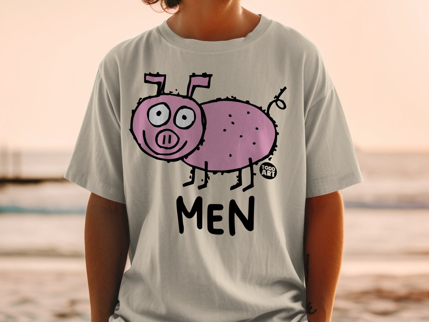 Light gray t-shirt with a cartoon pig and "MEN" text on the front.