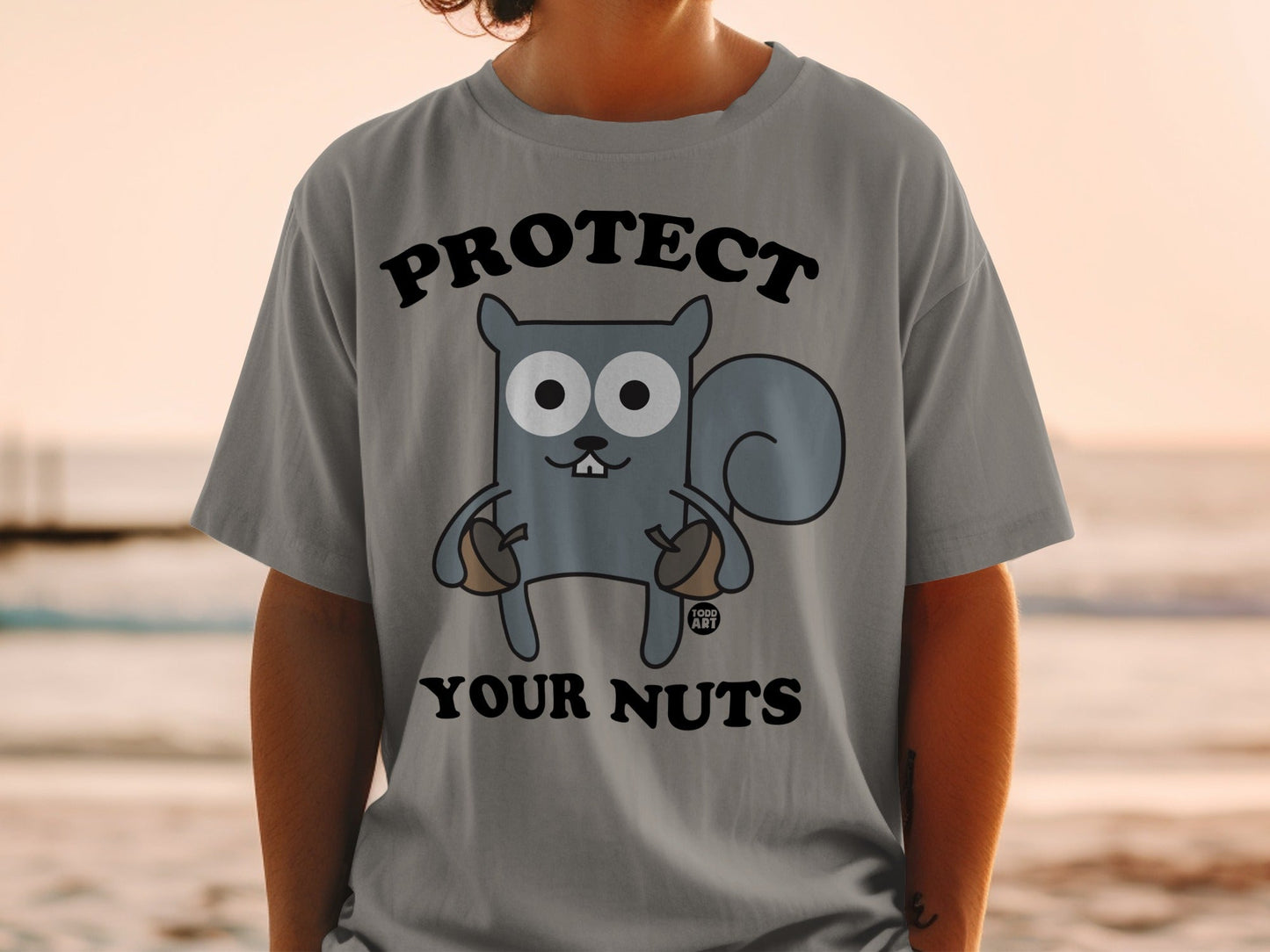 Cartoon squirrel with acorns and text "PROTECT YOUR NUTS".