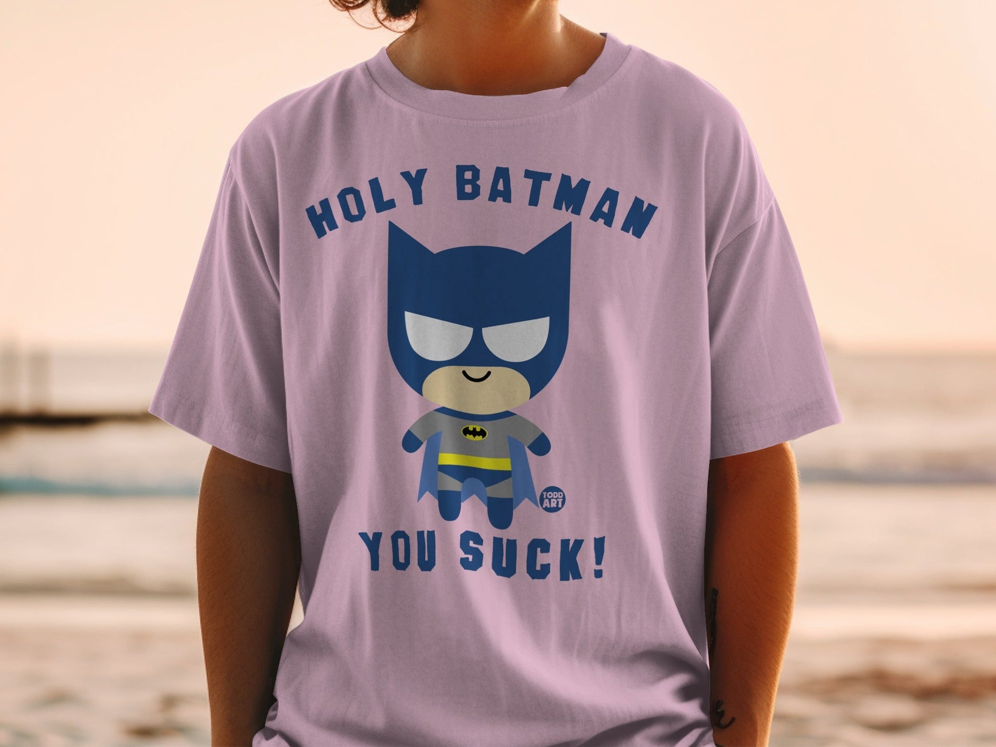 Cute chibi Batman graphic t-shirt with "HOLY BATMAN YOU SUCK!" text.