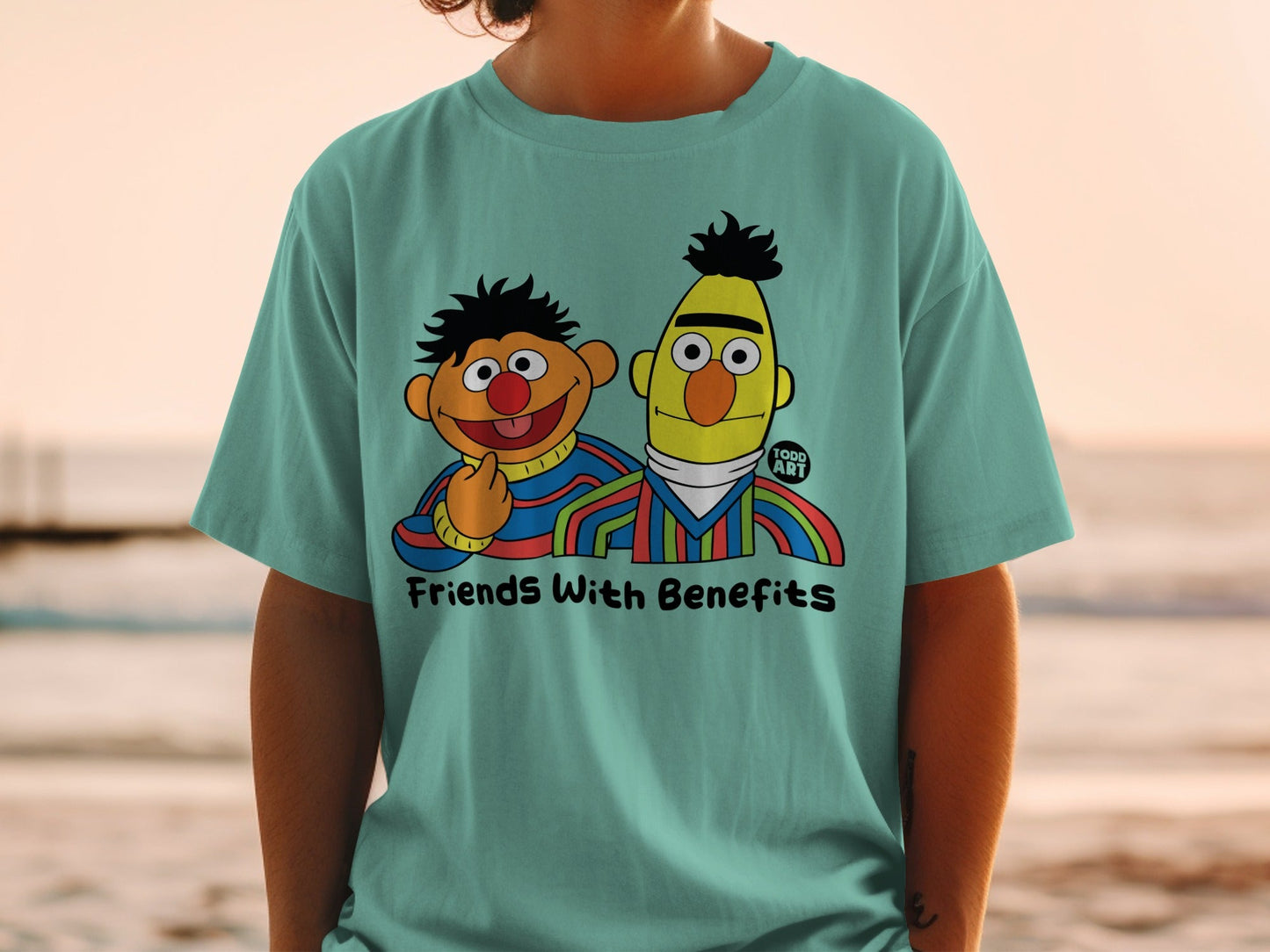 Bert and Ernie from Sesame Street on a teal t-shirt with "Friends With Benefits" text.