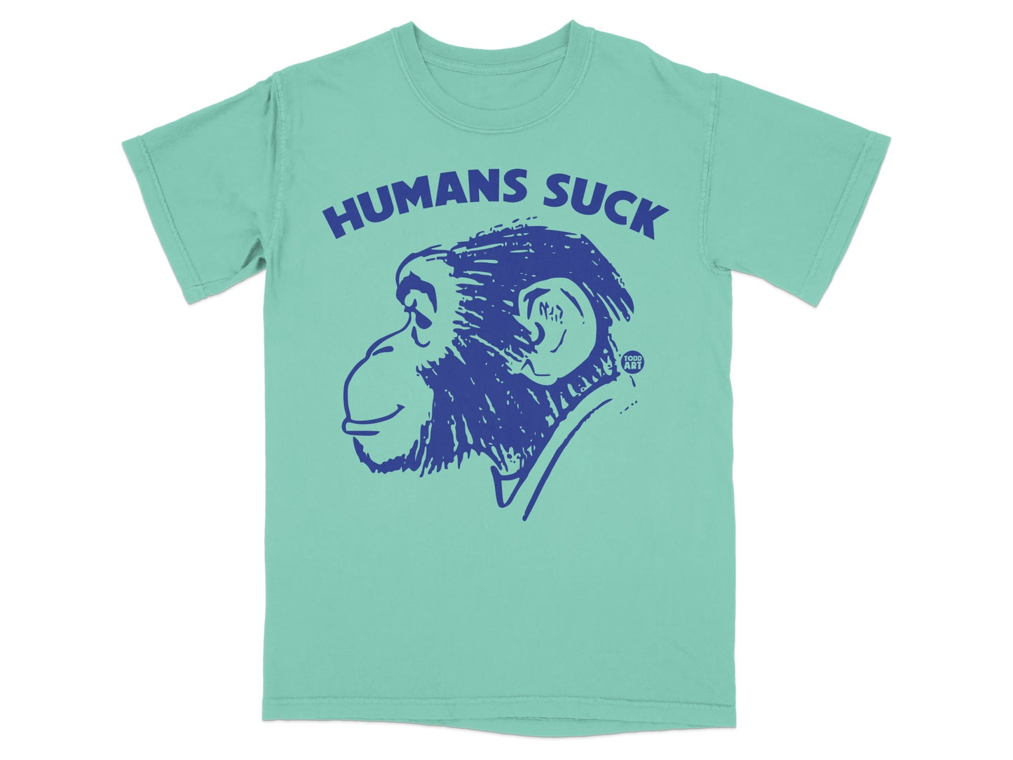 Teal t-shirt with a blue graphic of a chimpanzee head and "HUMANS SUCK" text.