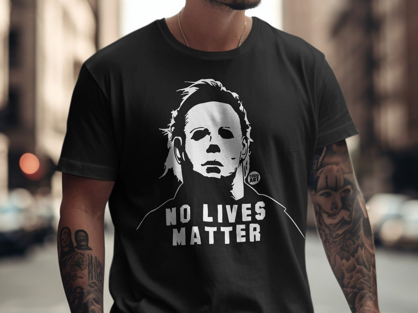 Black t-shirt with Michael Myers mask and "NO LIVES MATTER" text.