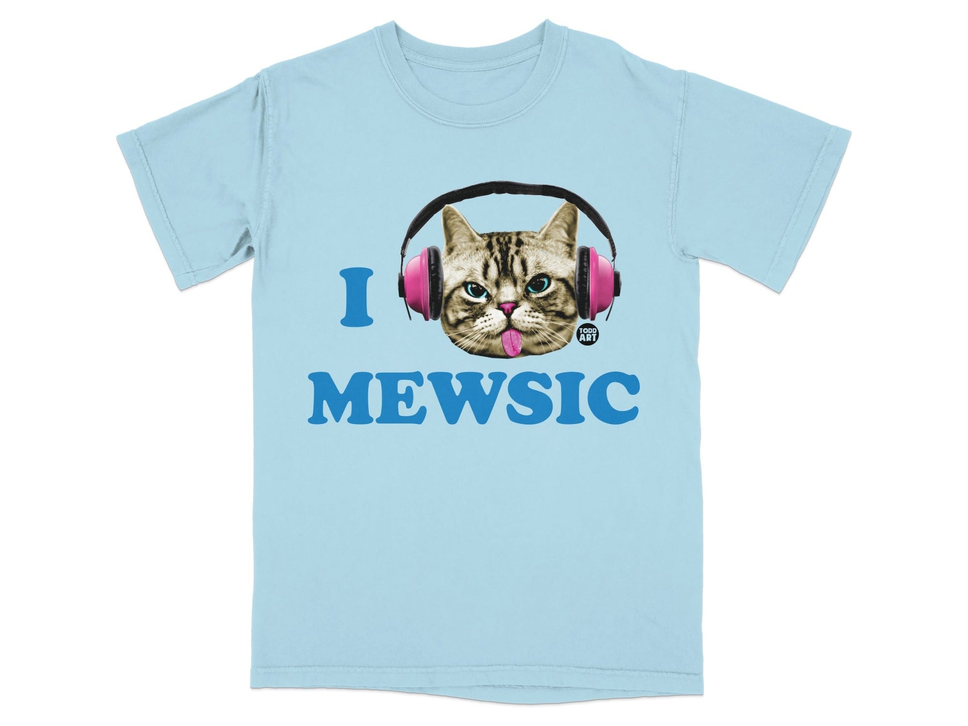 Light blue t-shirt with "I MEWSIC" text and cat wearing headphones.
