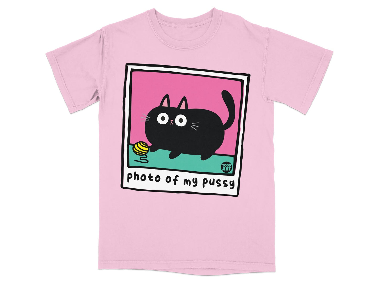 Pink t-shirt with a black cat and yarn, "photo of my pussy" text.