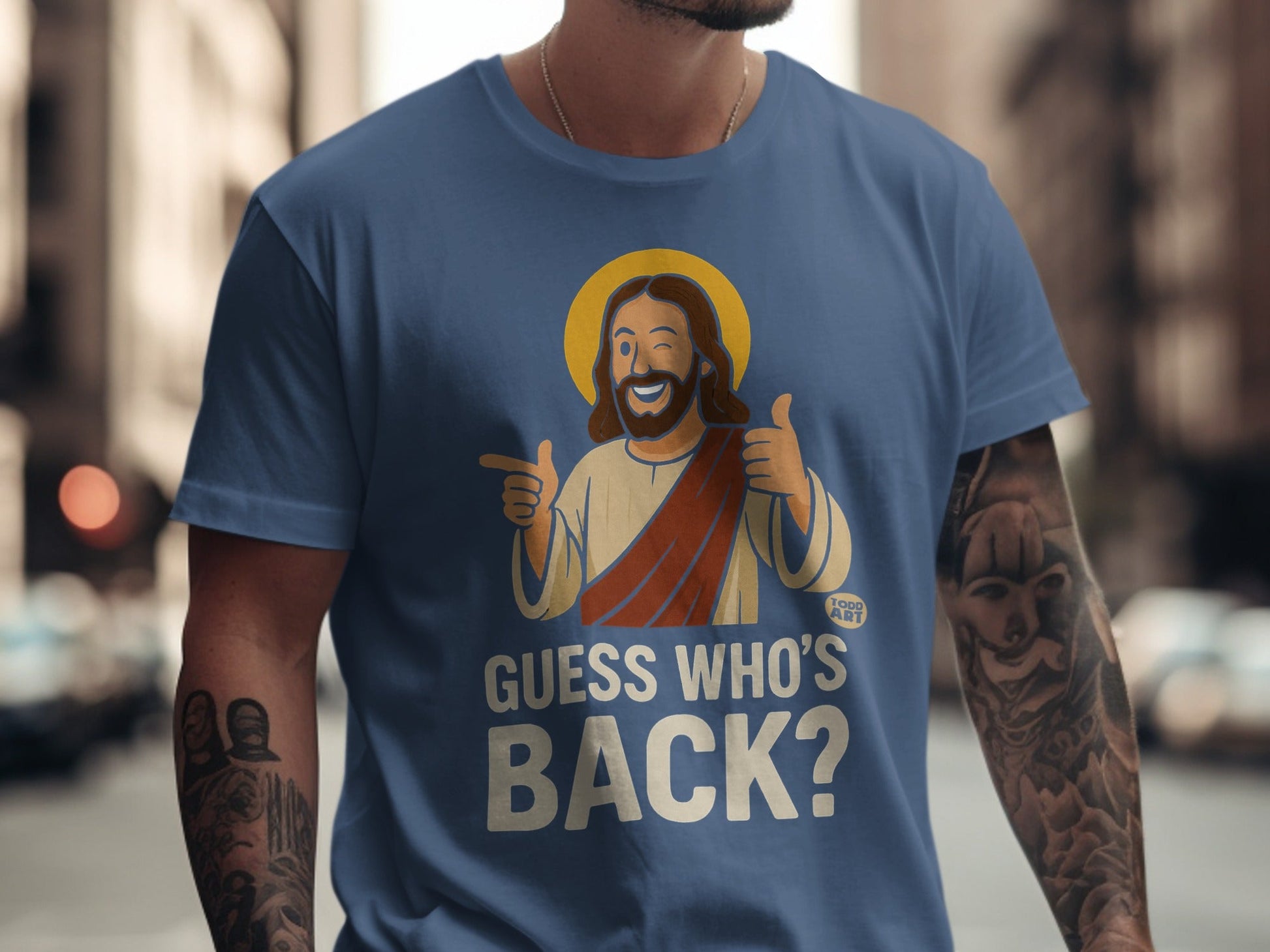 Jesus t-shirt with "Guess Who's Back?" text and halo.