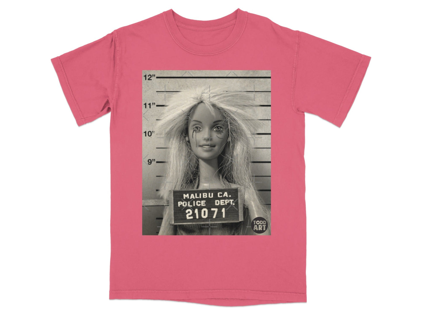 Mugshot of a Barbie doll with messy blonde hair, marked Malibu Police Dept 21071.