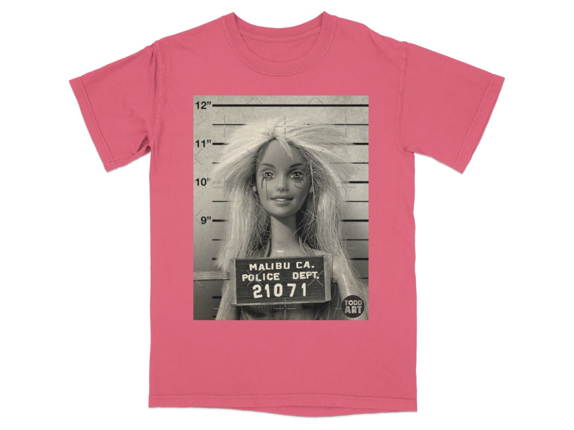 Mugshot of a Barbie doll with messy blonde hair, marked Malibu Police Dept 21071.