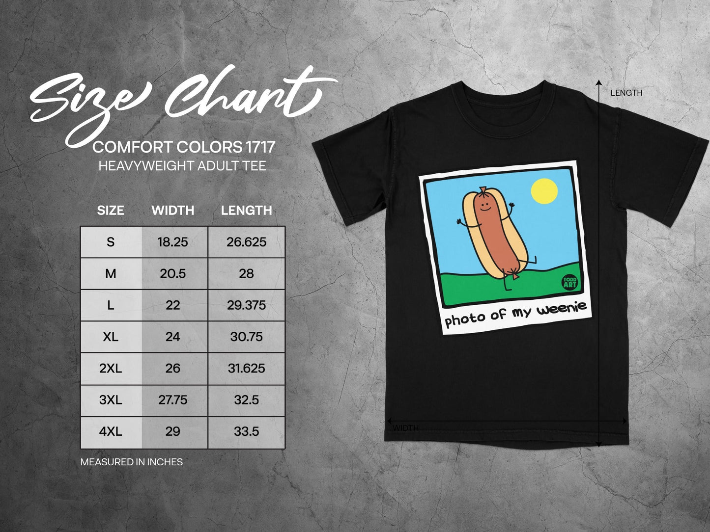 Comfort Colors 1717 size chart with cartoon hot dog graphic.