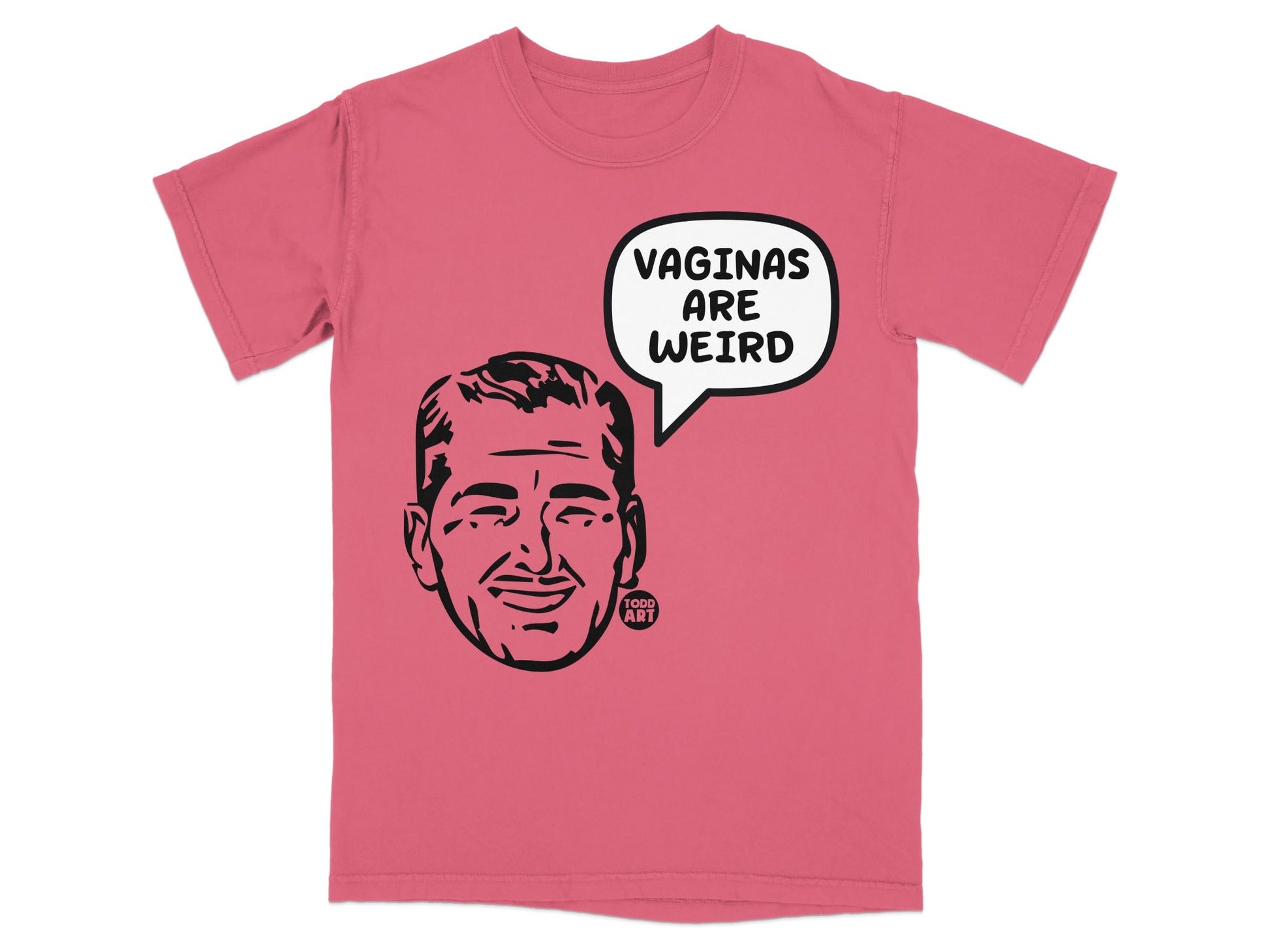 Pink t-shirt with cartoon man in speech bubble saying "VAGINAS ARE WEIRD".